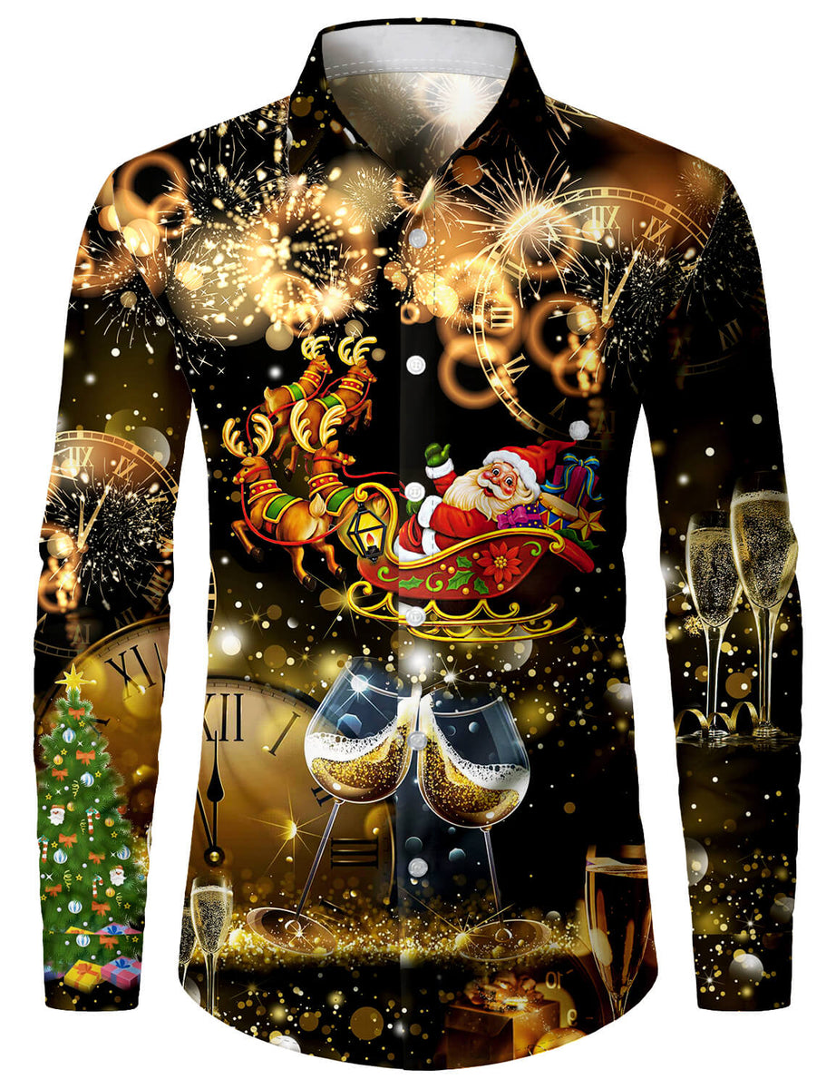 Men's Christmas Long Sleeve Button Down Shirt - Funky Holiday Print Dress  Shirt For Parties