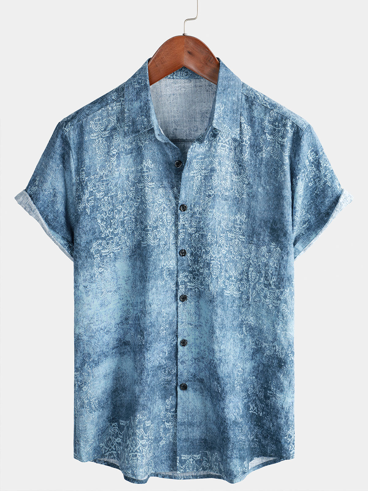 Men's Cotton Vintage Light Blue Short Sleeve Summer Button Up Shirt