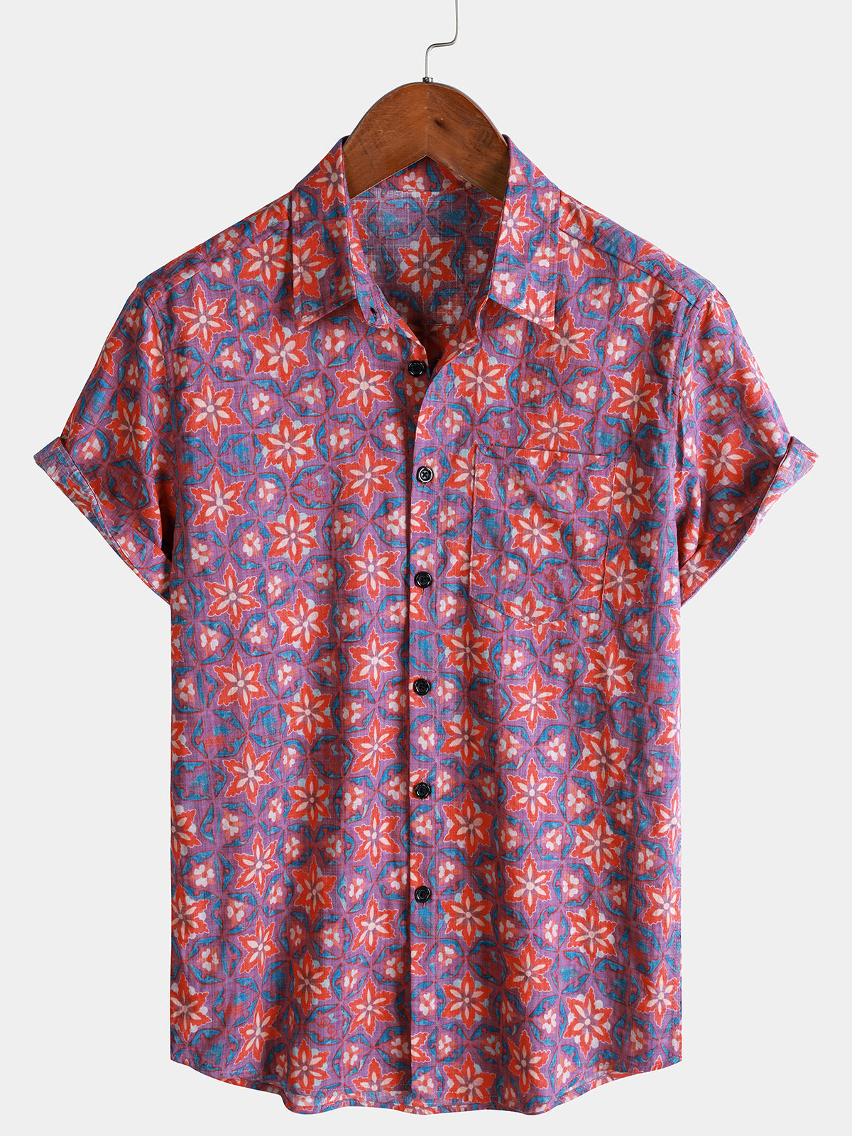 Men’s Vintage Pattern Floral Short Sleeve Lightweight Casual Shirt