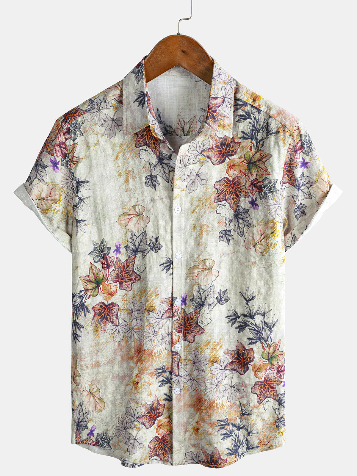 Men's Watercolor Botanical Leaf Print Resort Short Sleeve Shirt