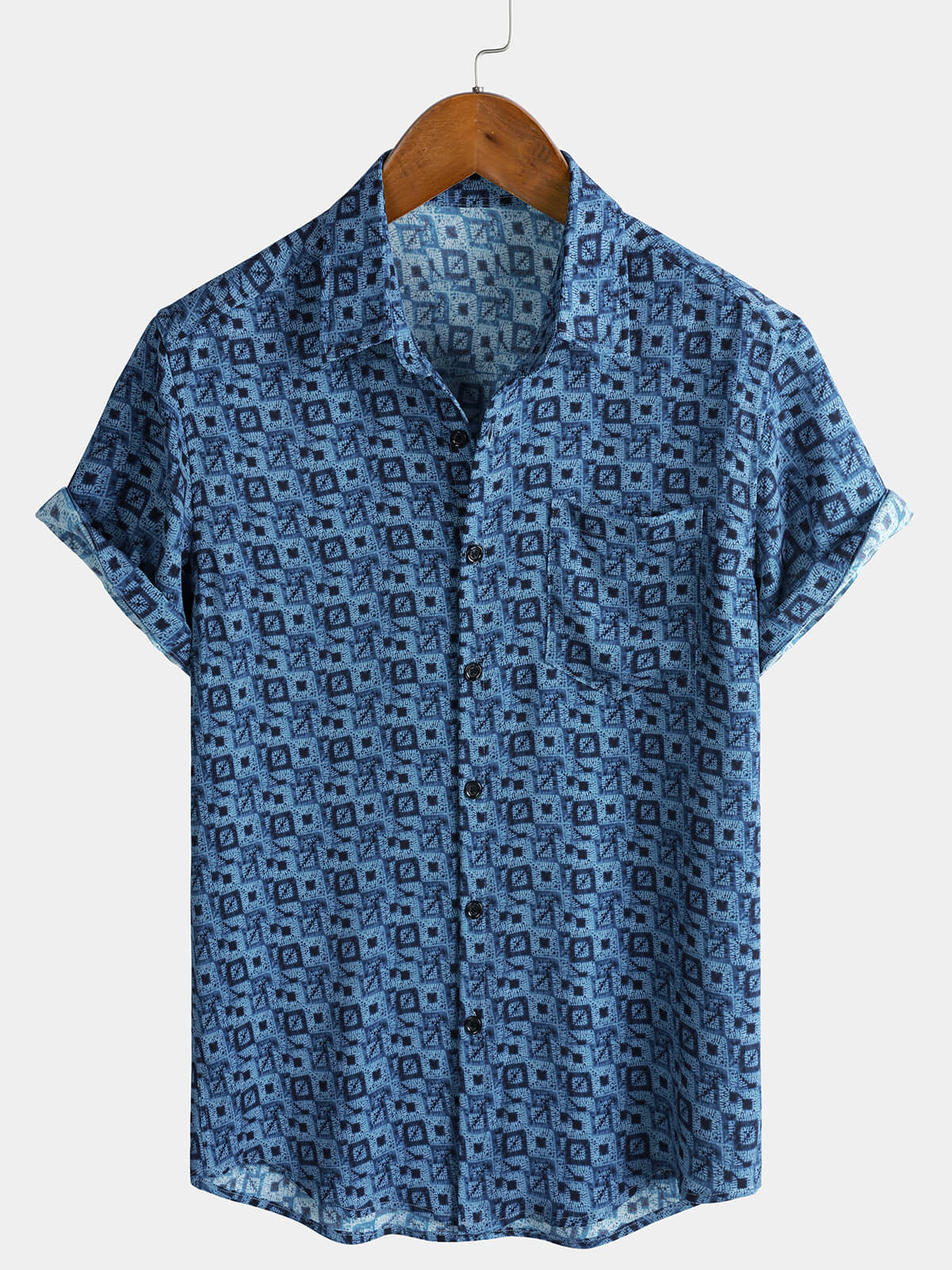 Men's Blue Geometric Print Bohemian Short Sleeve Shirt