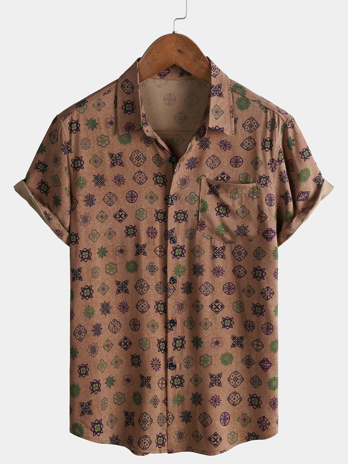 Men’s Vintage Khaki Brown Geometric Casual Breathable Short Sleeve Shirt