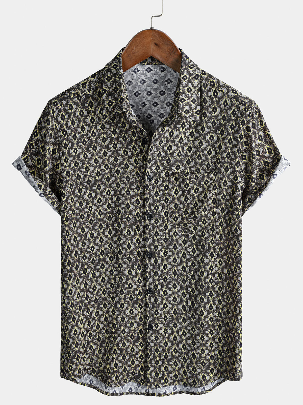 Men’s Retro Hawaiian Geometric Print Button Down Daily Casual Short Sleeve Shirt