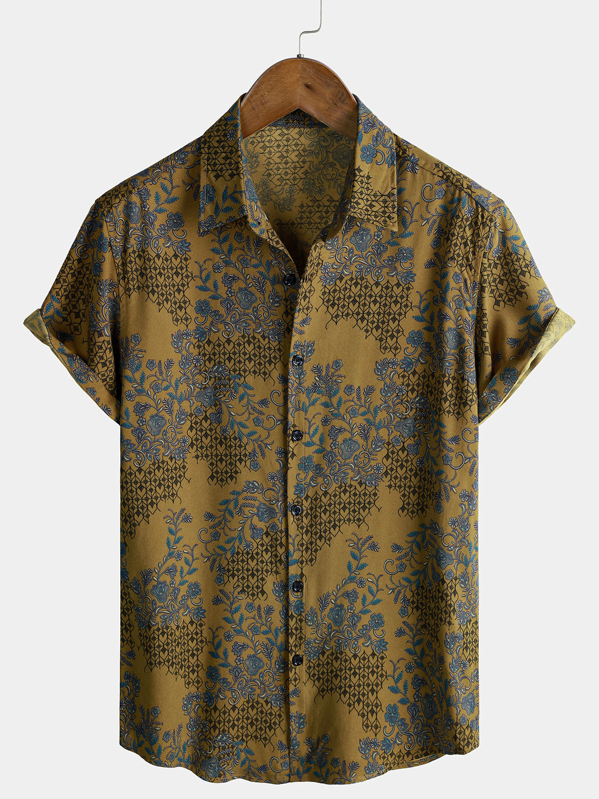Men's Breathable Lightweight Short Sleeve Bohemian Vine Floral Resort Shirt