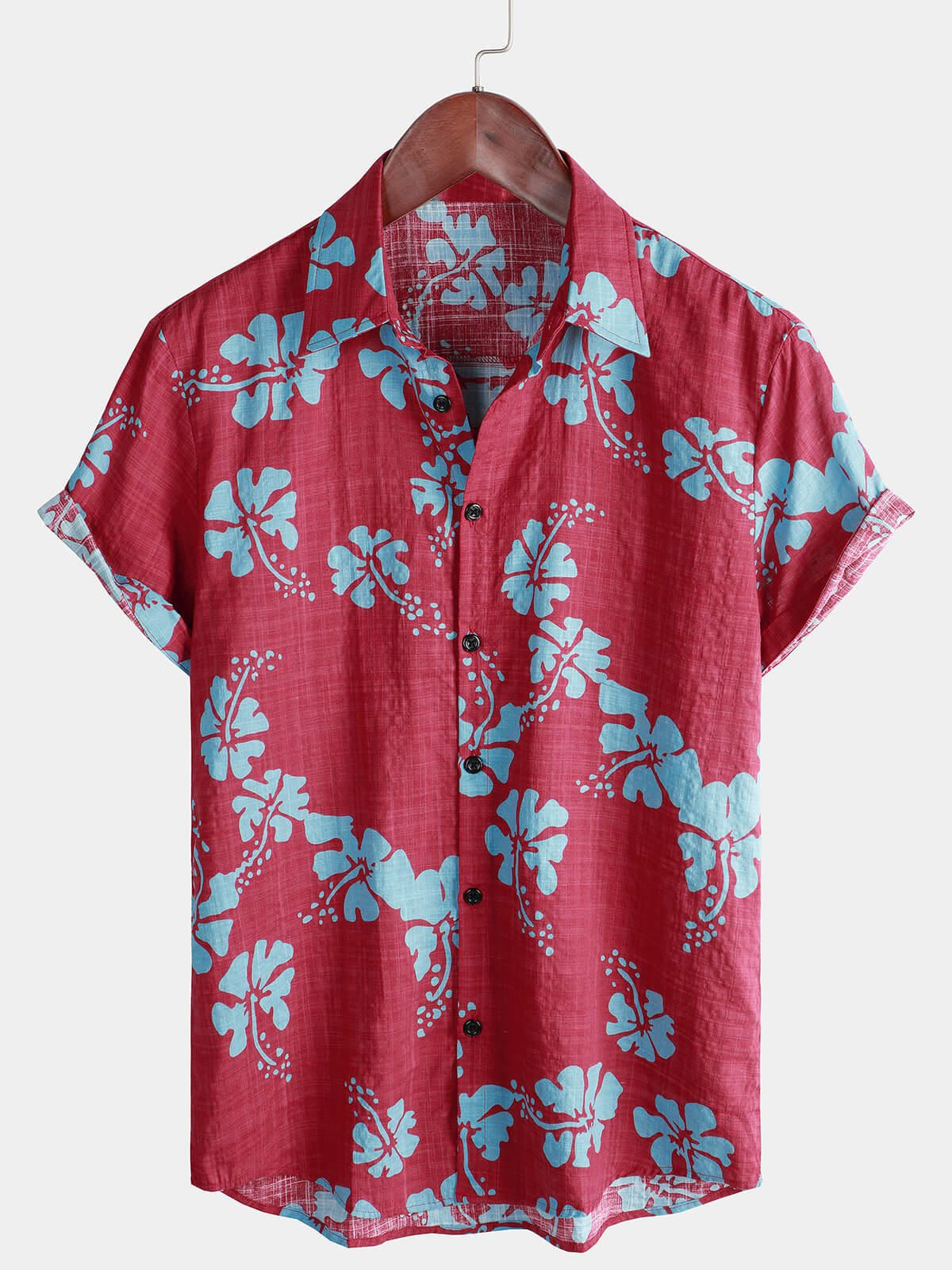 Men's Short Sleeve Red Floral Button Up Beach Tropical Hawaiian Shirt