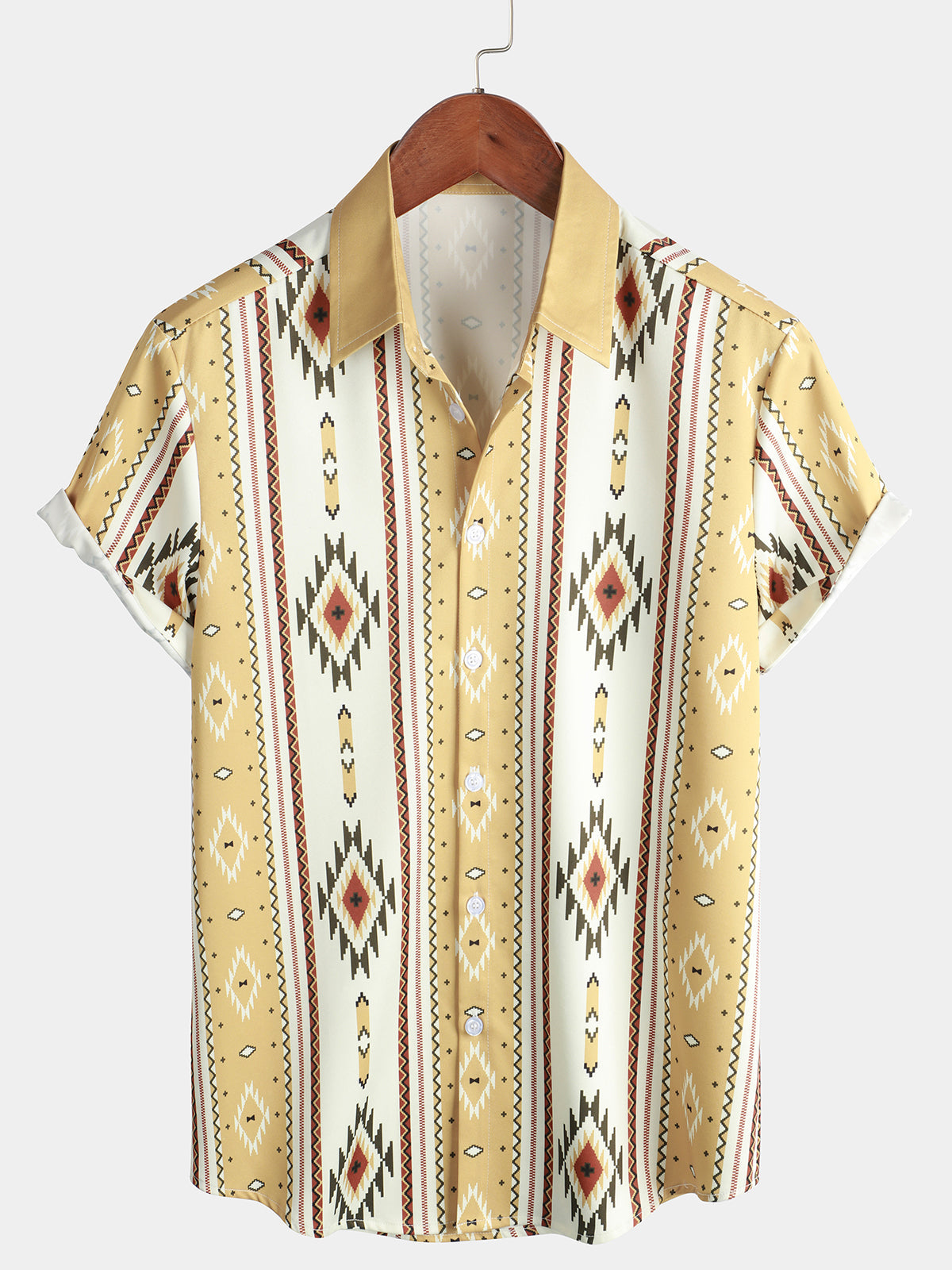 Men's Vintage Vertical Striped Short Sleeve 70s Retro Aztec Print Western Retro Button Up Shirt