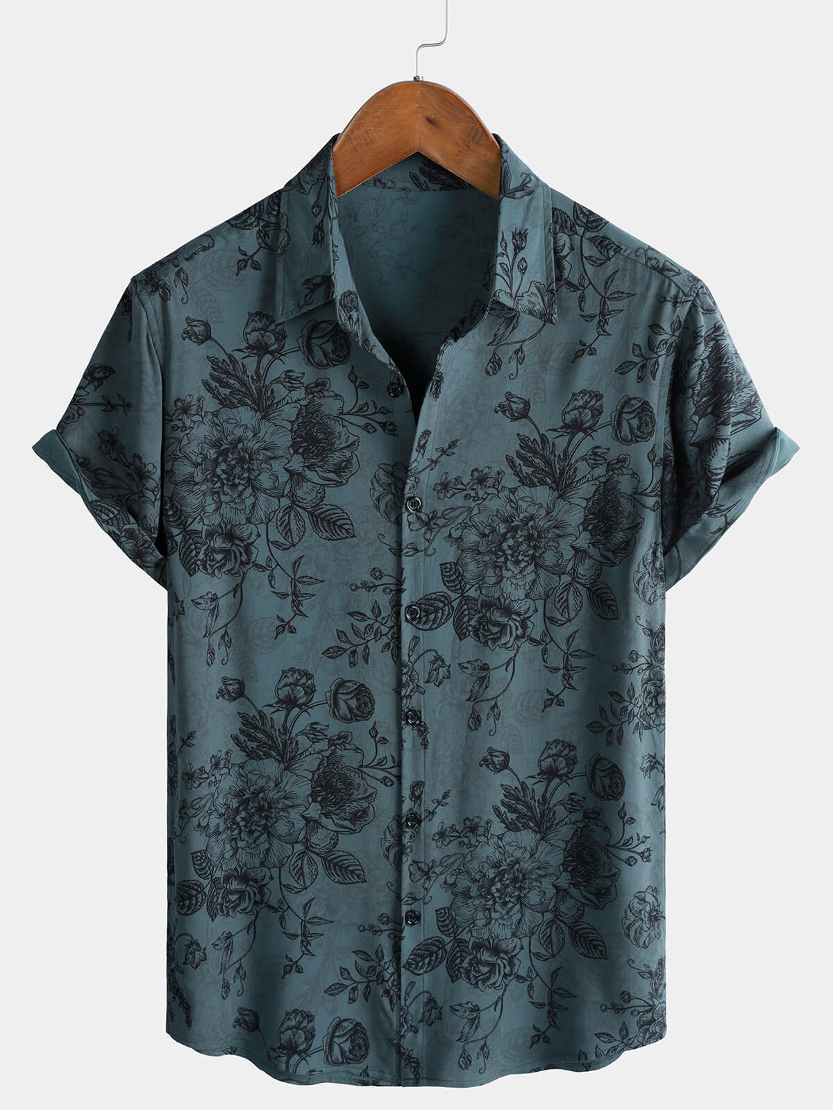 Men's Rayon Vintage Blue Floral Print Vacation Short Sleeve Shirt