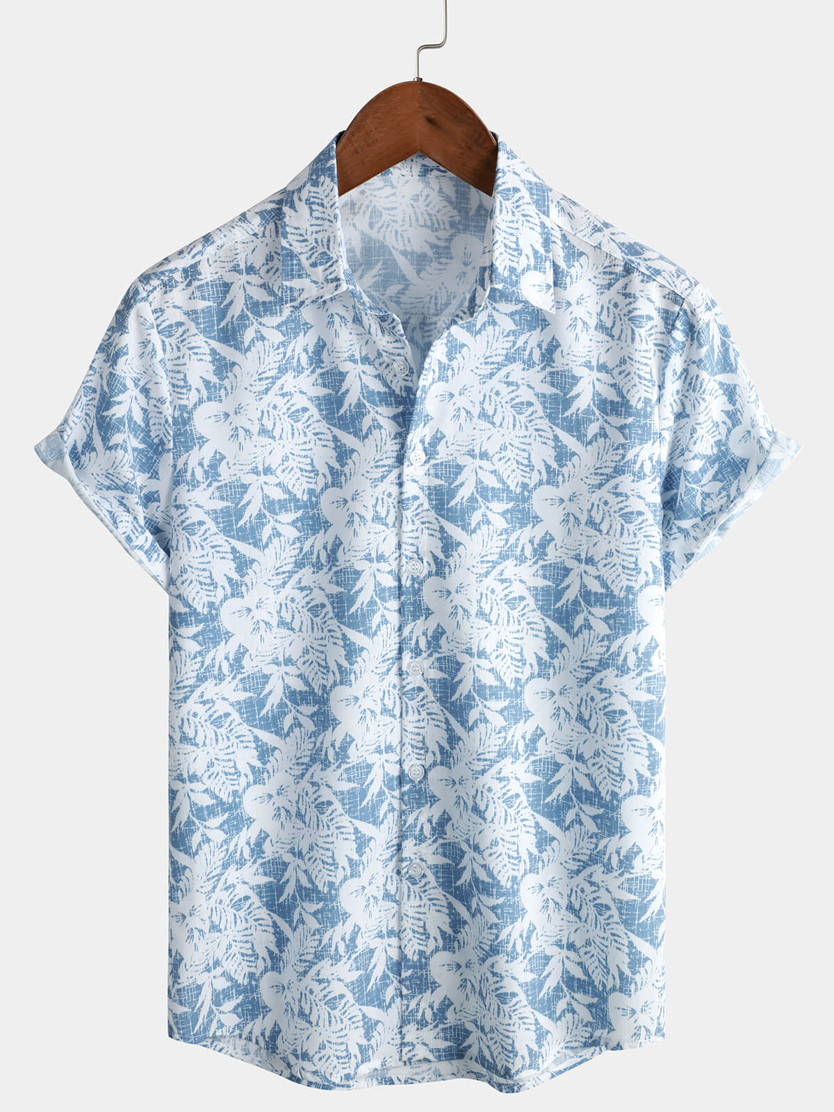 Men's Blue Cotton Vintage Floral Leaf Print Beach Hawaiian Short Sleeve Button Up Shirt