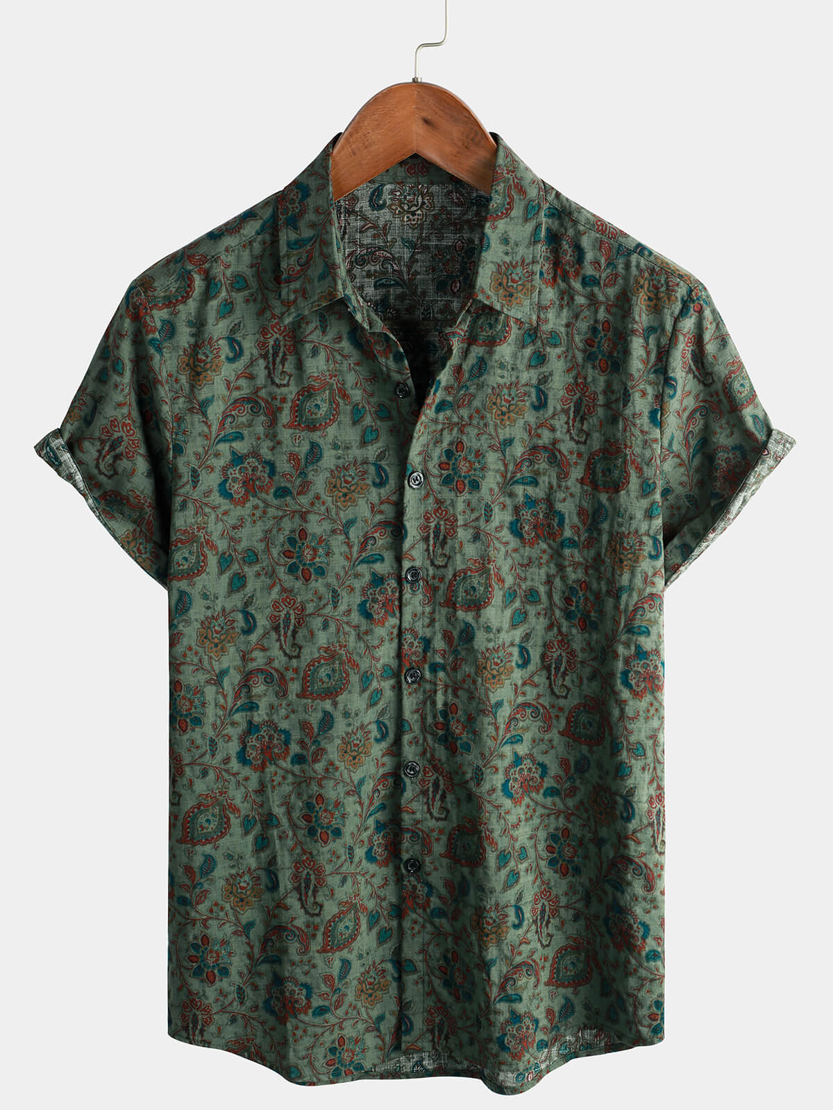 Men's Retro Paisley 70s Green Holiday Button Up Vintage Short Sleeve Shirt