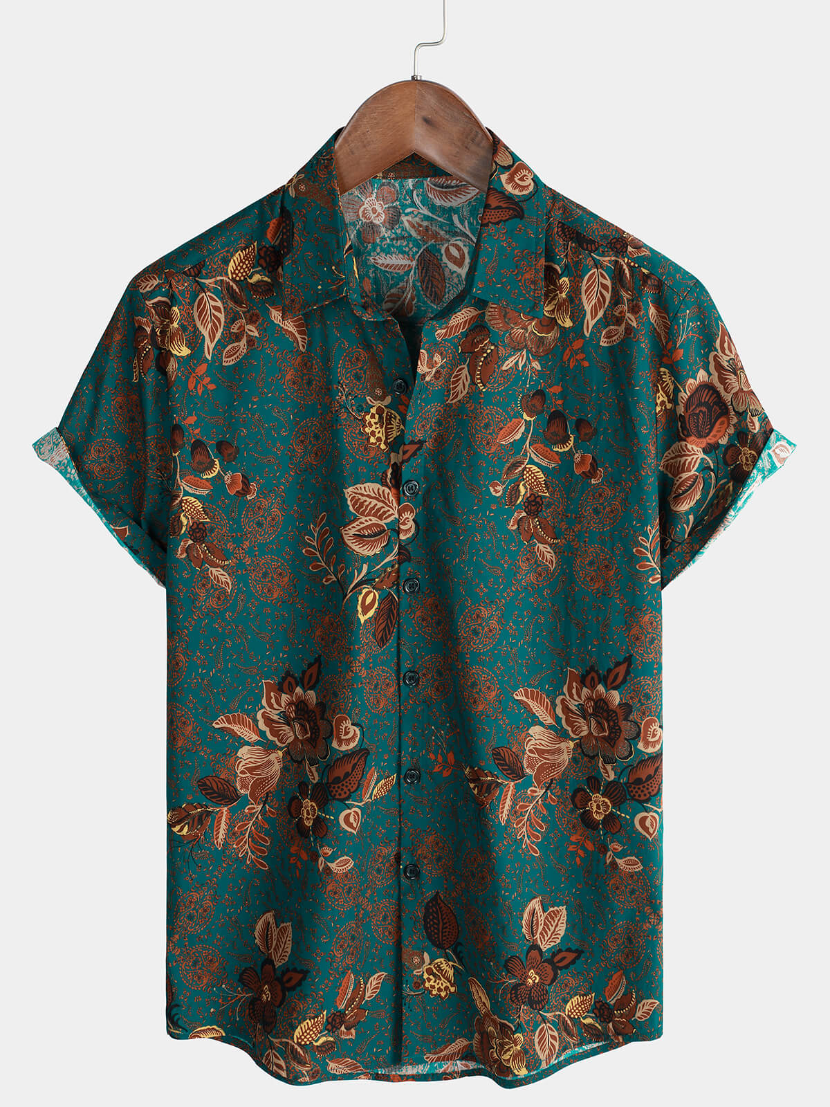 Men's Vintage Holiday Cotton Green Hawaiian Floral Button Up Short Sleeve Shirt