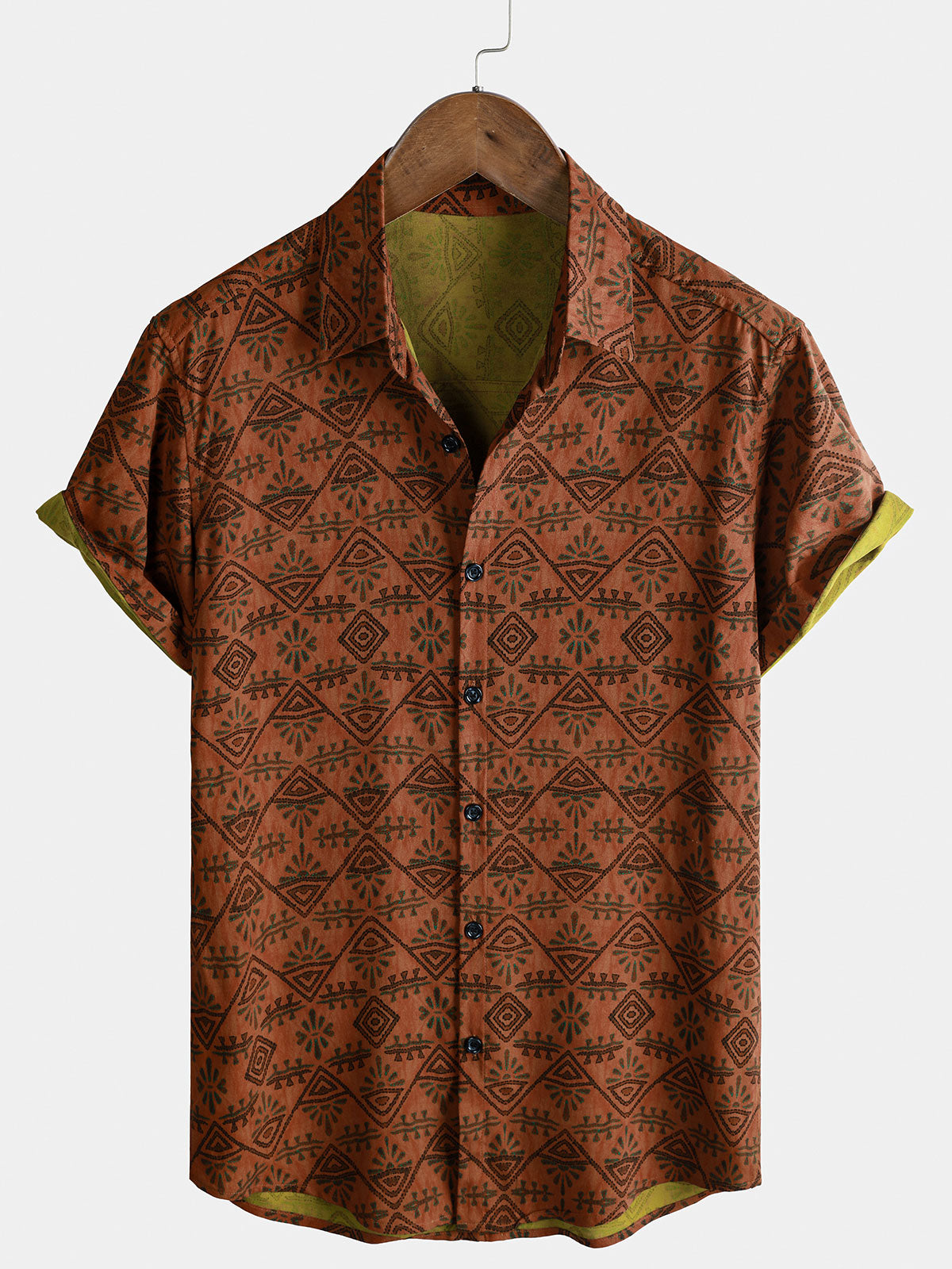 Men's Rayon Orange Geometric Tribal Print Boho Short Sleeve Shirt