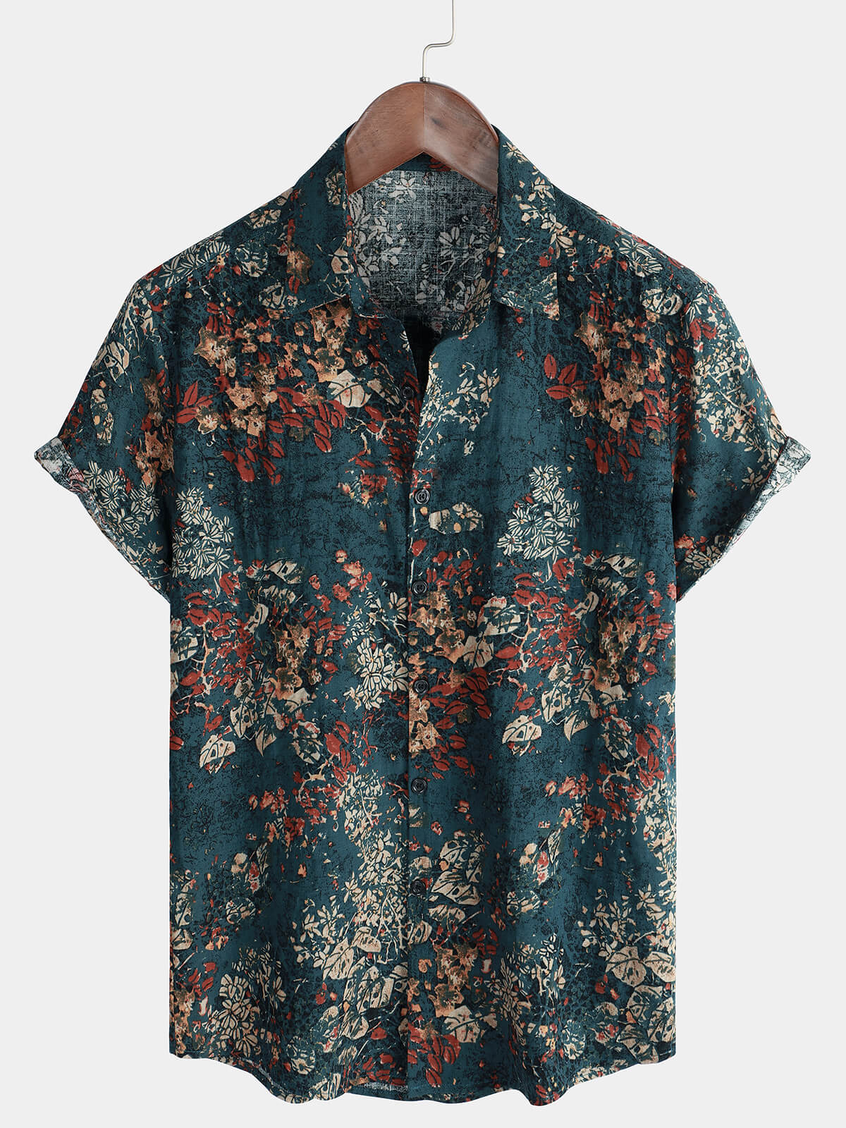 Men's Vintage Holiday Retro Cotton Floral Button Up Short Sleeve Shirt
