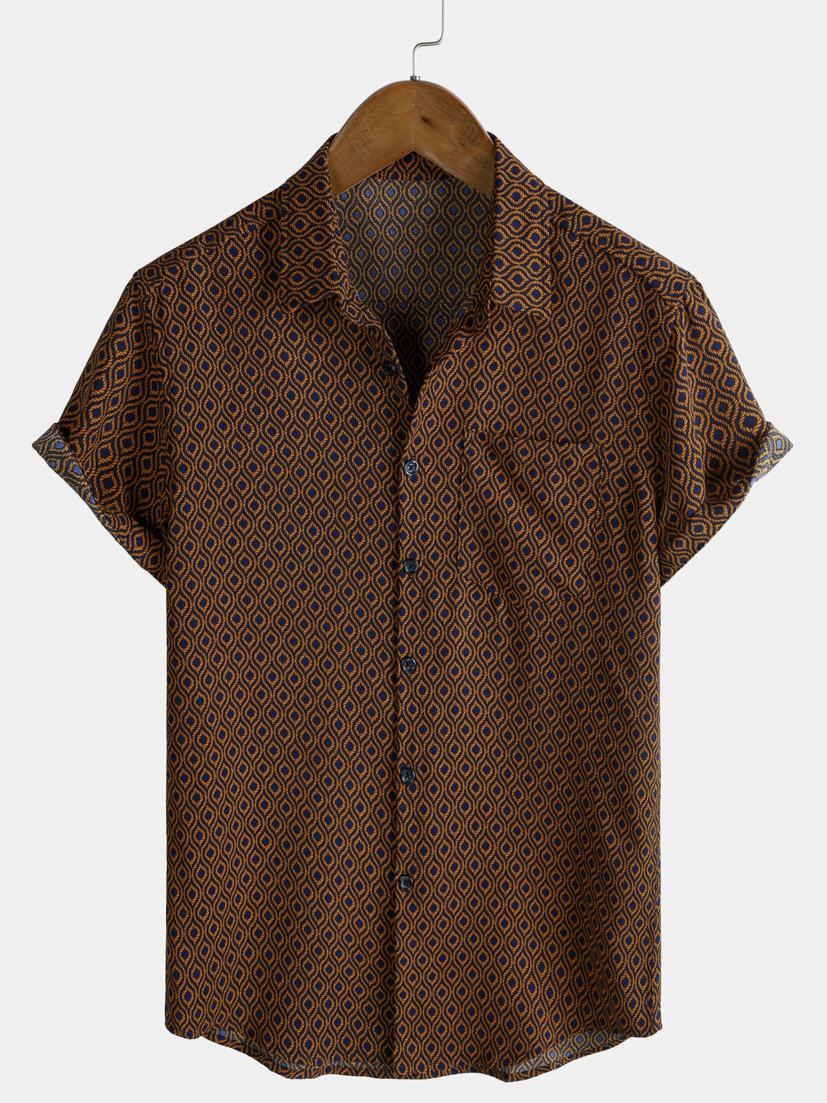 Men's Casual Holiday Brown Short Sleeve Button Up Retro Shirt