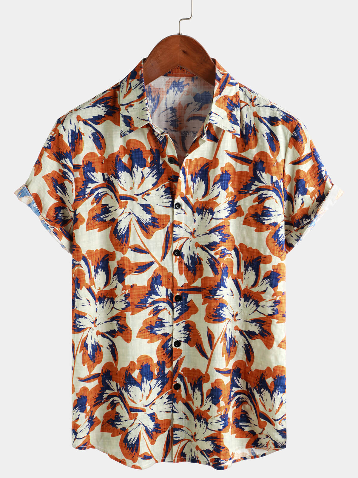 Men's Retro Floral Orange Short Sleeve Button Up Shirt