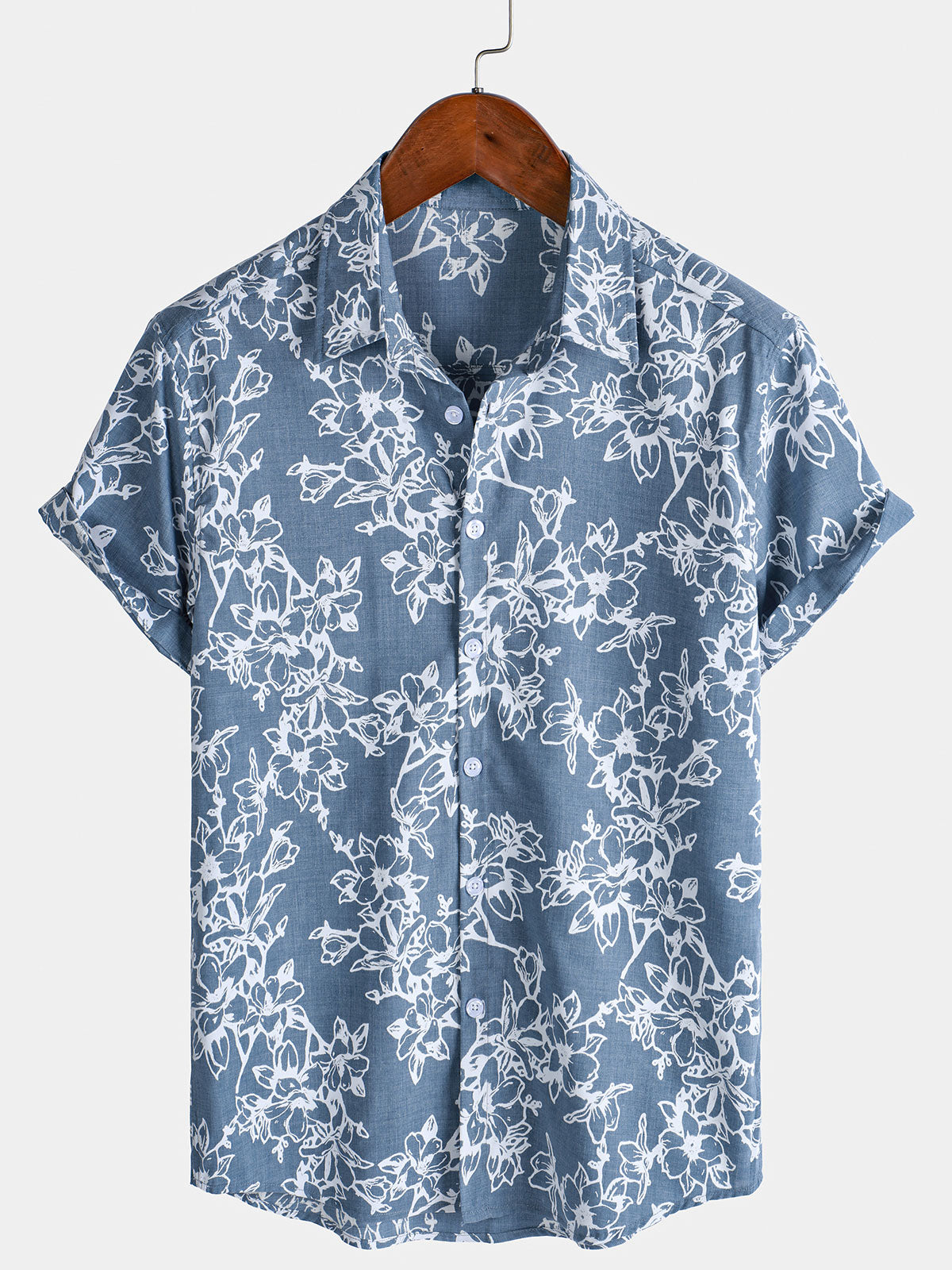 Men's Blue Hawaiian Floral Print Short Sleeve Summer Cotton Shirt
