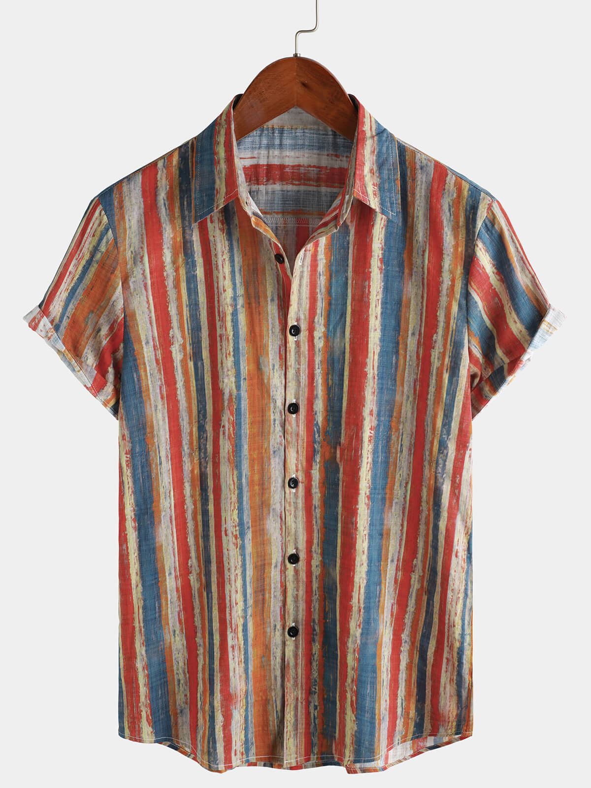 Men's Casual Retro Multicolor Striped Holiday Button Up Short Sleeve Shirt