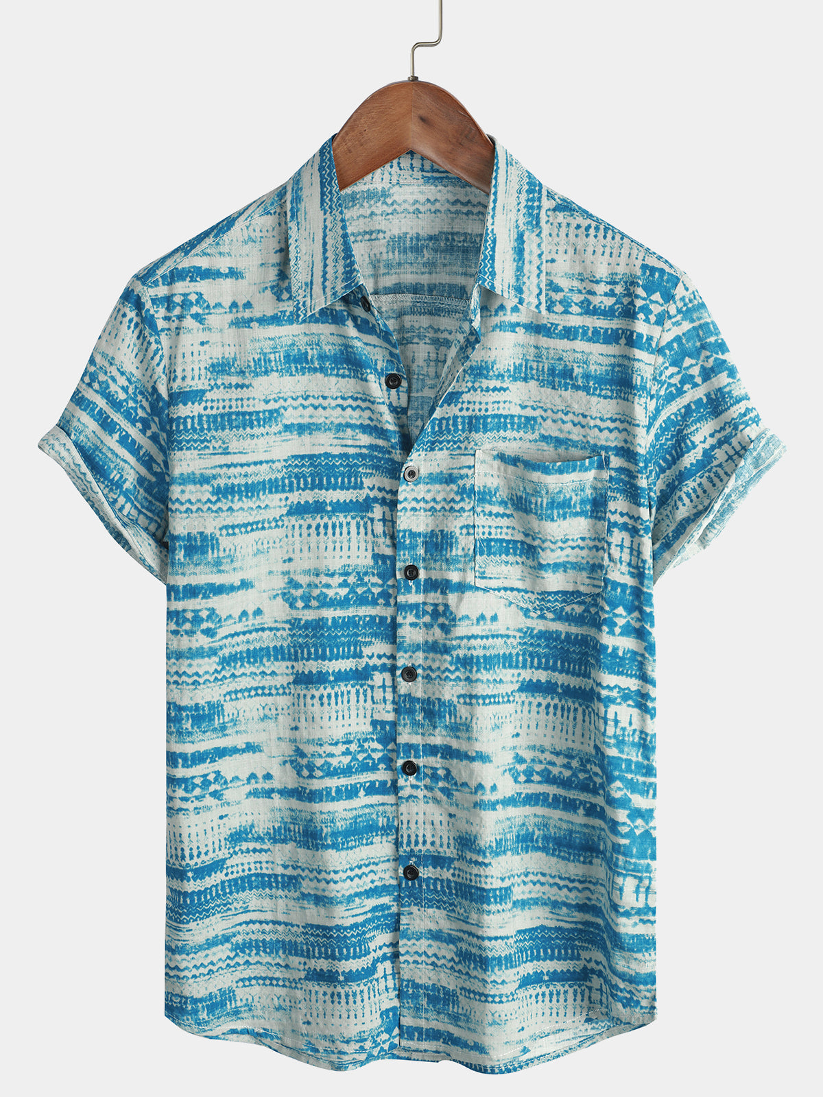 Men's Blue Vintage Holiday Beach Cruise Summer Pocket Short Sleeve Shirt