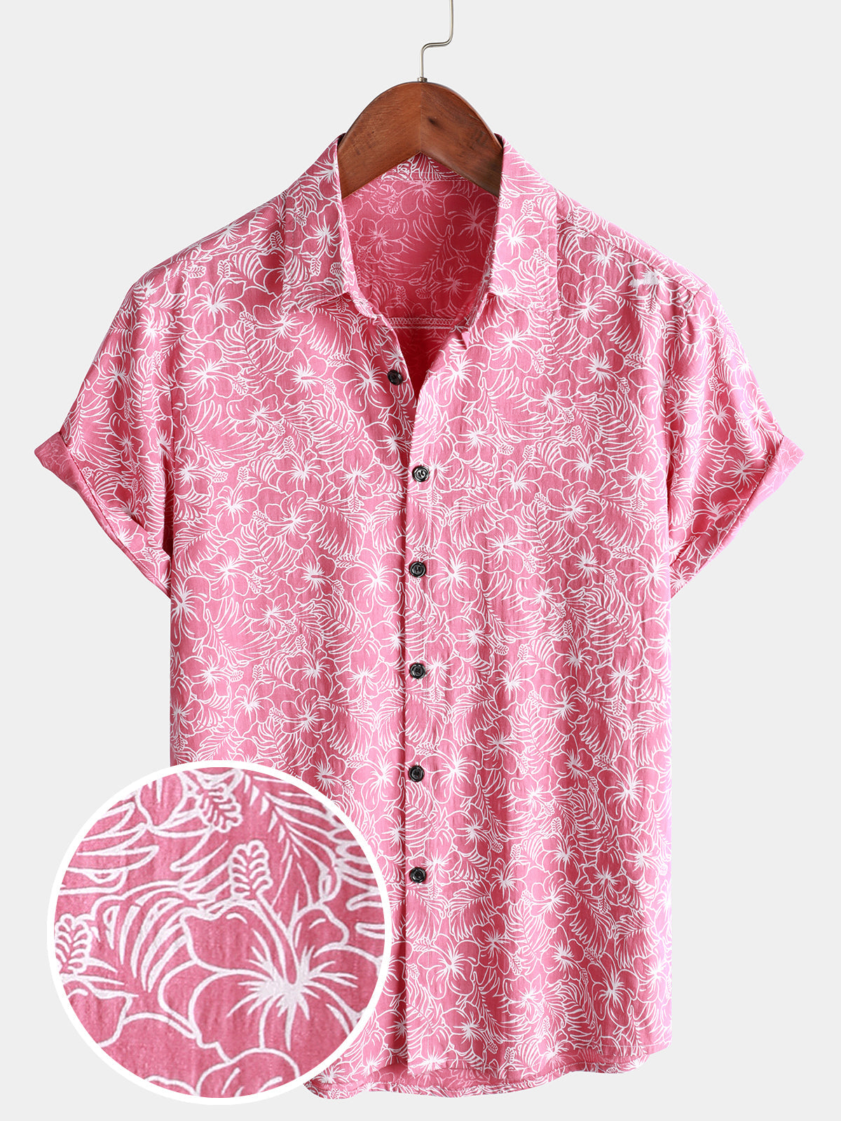 Men's Pink Hawaiian Floral Holiday Summer Flower Print Button Up Beach Short Sleeve Shirt