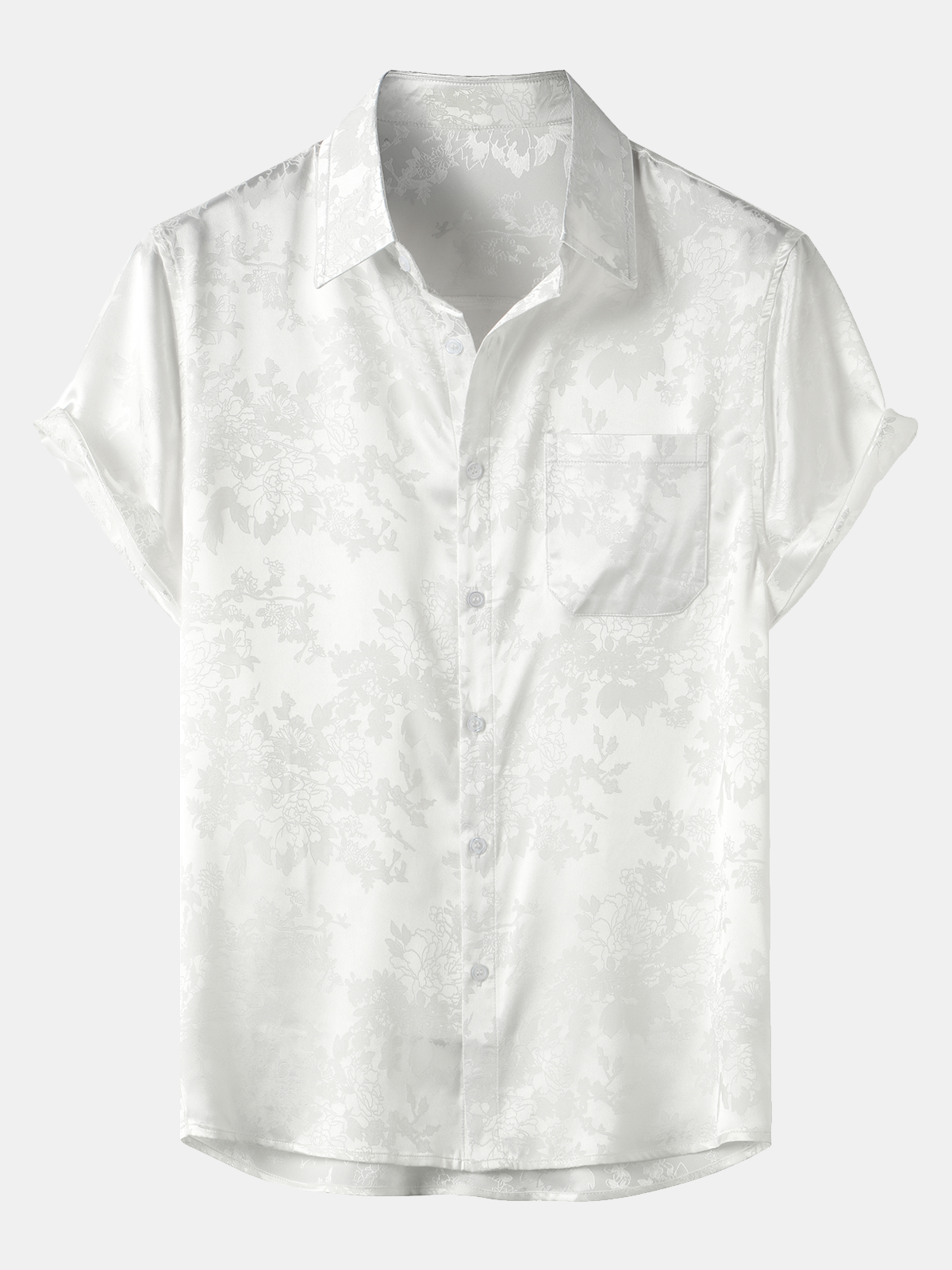 Men's Jacquard Pocket Silk Satin Floral Short Sleeve Shirt