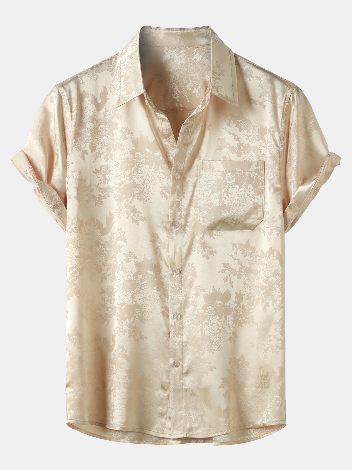 Men's Jacquard Pocket Silk Satin Floral Short Sleeve Shirt