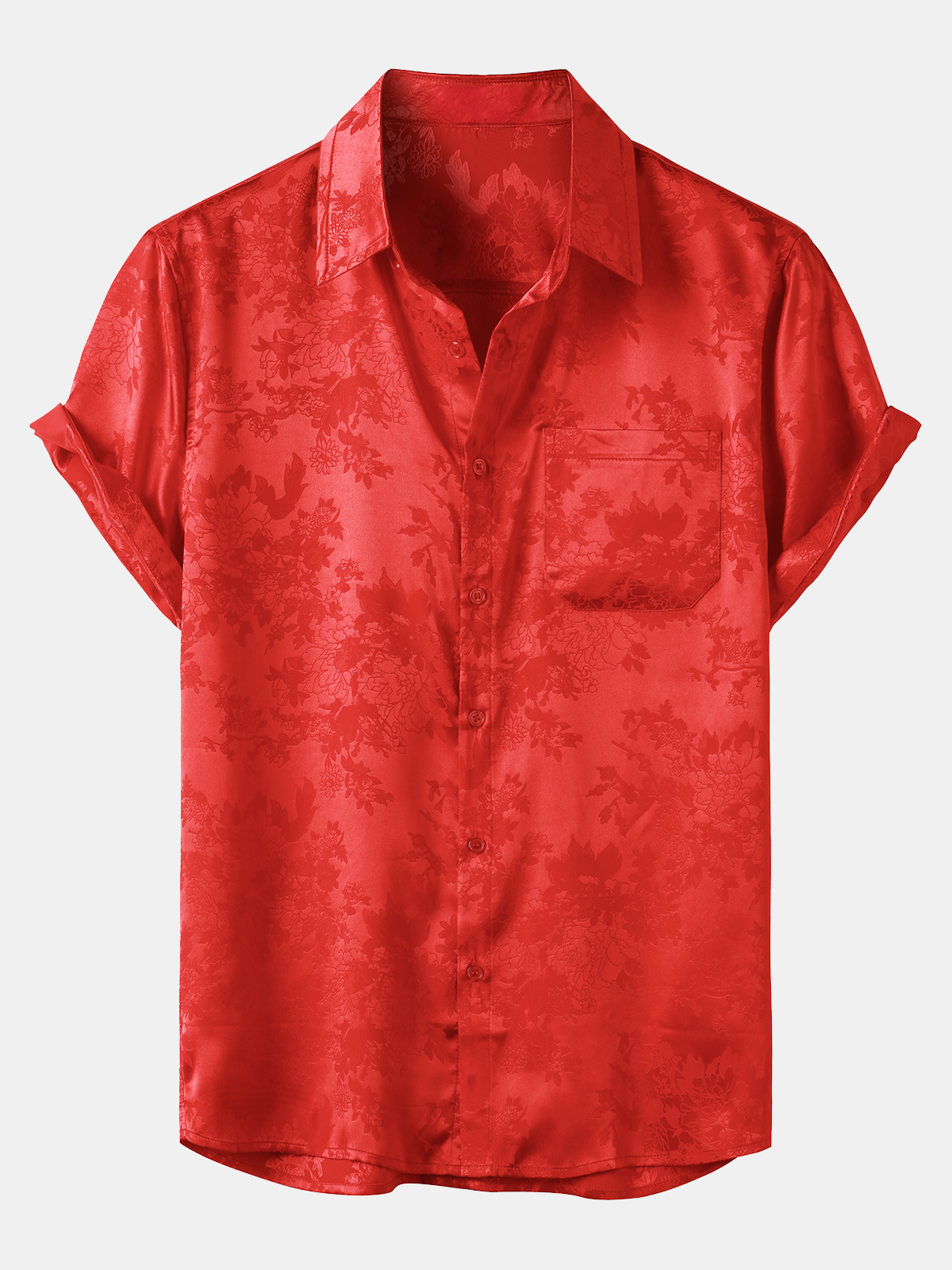 Men's Casual Jacquard Silk Satin Floral Pocket Short Sleeve Shirt