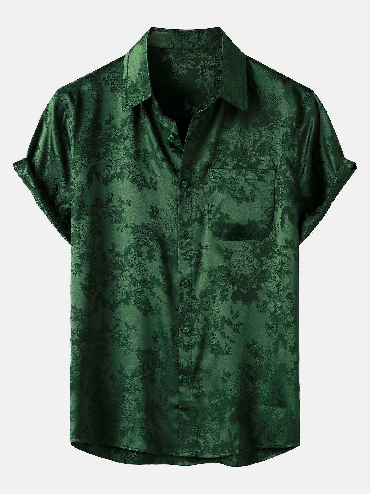 Men's Jacquard Pocket Silk Satin Floral Short Sleeve Shirt
