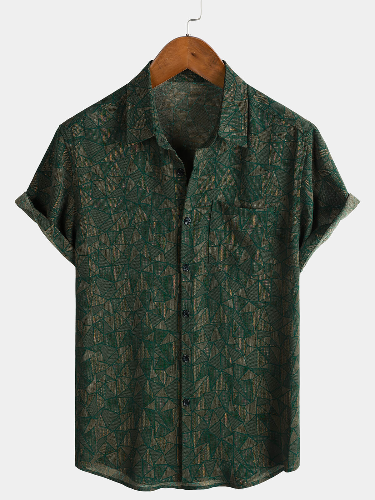 Men's Green Geometric Abstract Print Casual Short Sleeve Shirt