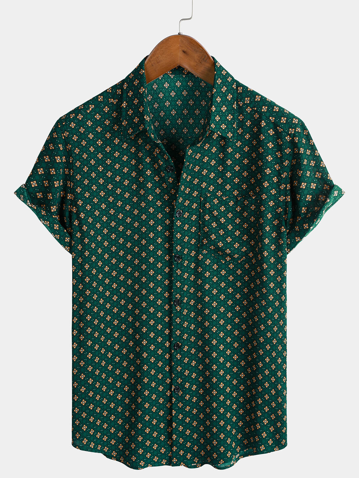 Men's Green Diamond Pattern Bohemian Casual Short Sleeve Shirt