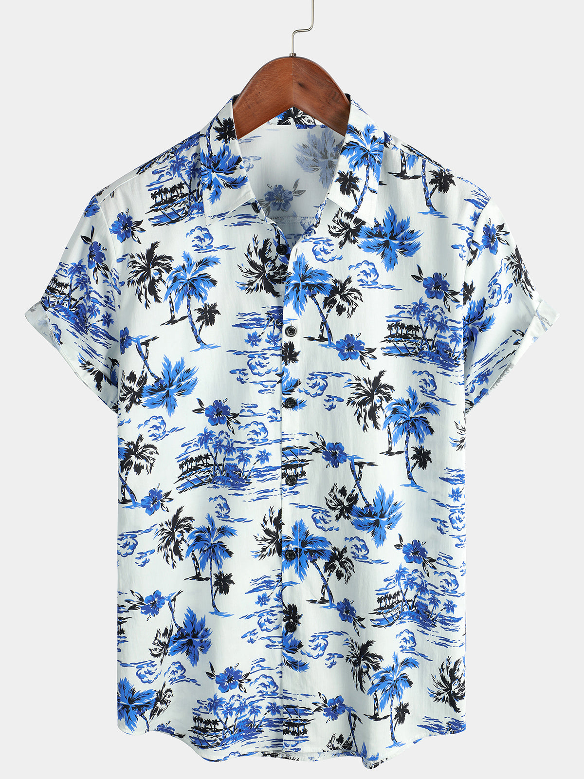 Men's Tropical Palm Tree Print Summer Vacation Cotton Aloha Short Sleeve Hawaiian Shirt
