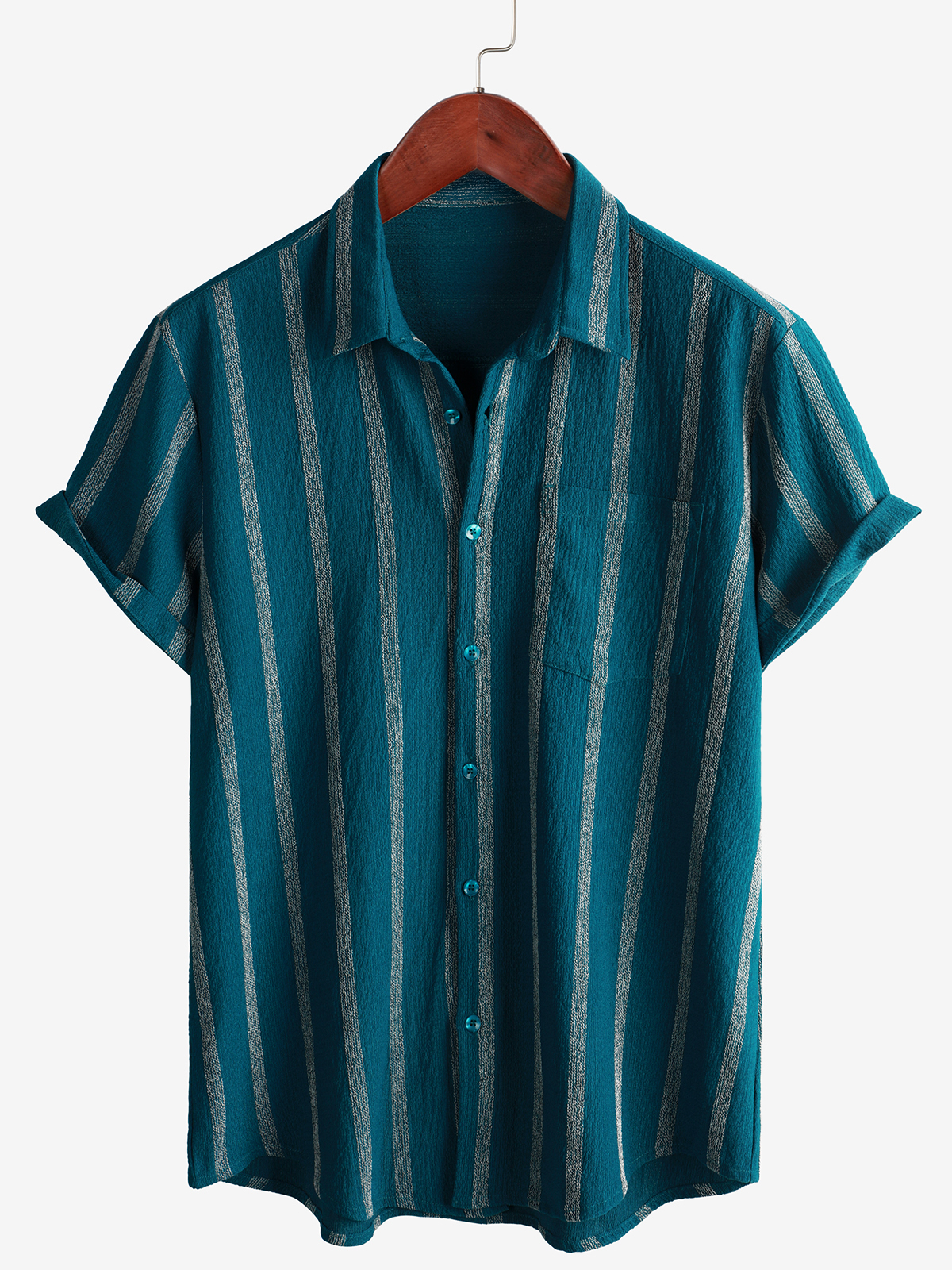 Men's Summer Striped Pocket Button Up Short Sleeve Hawaiian Shirt