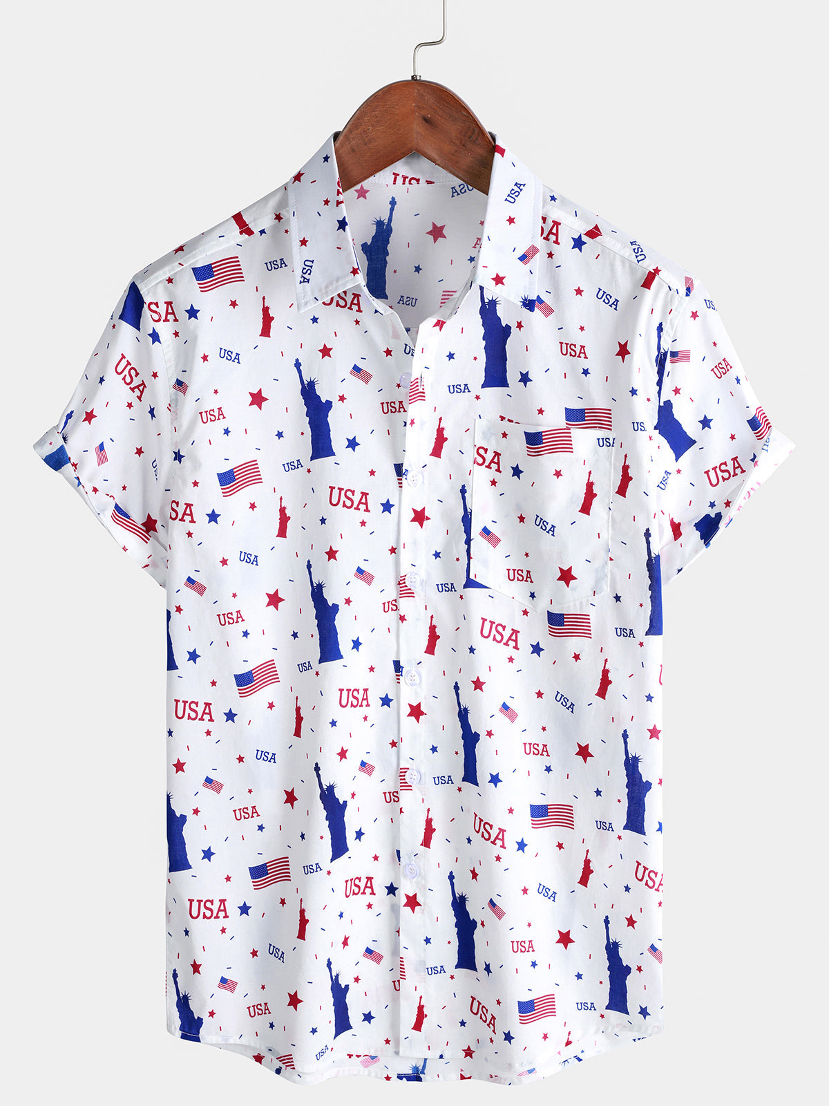 Men's USA Statue of Liberty Flag Star Print Short Sleeve Shirt