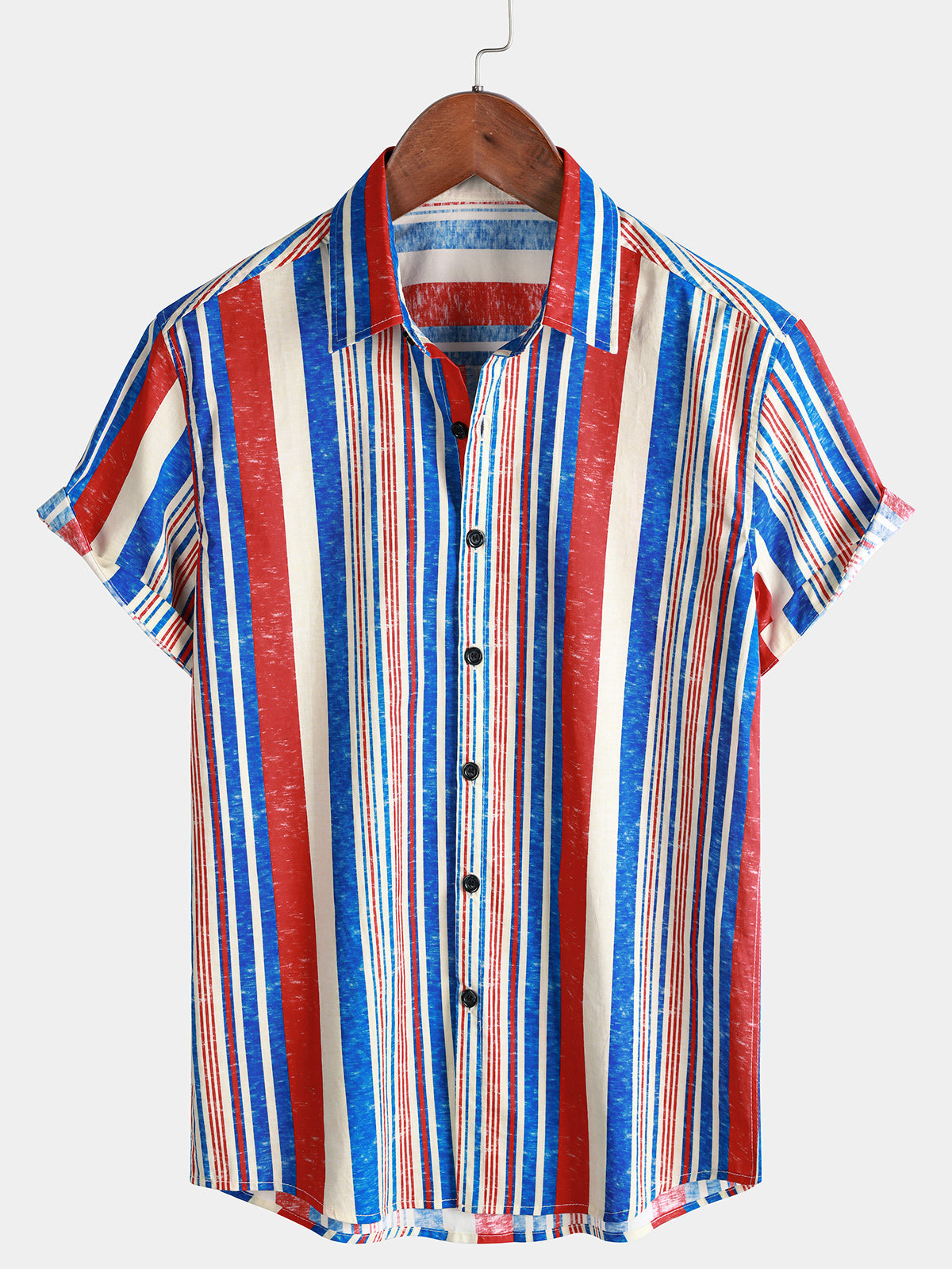 Men's Red White Blue Vertical Stripe Print Short Sleeve Shirt