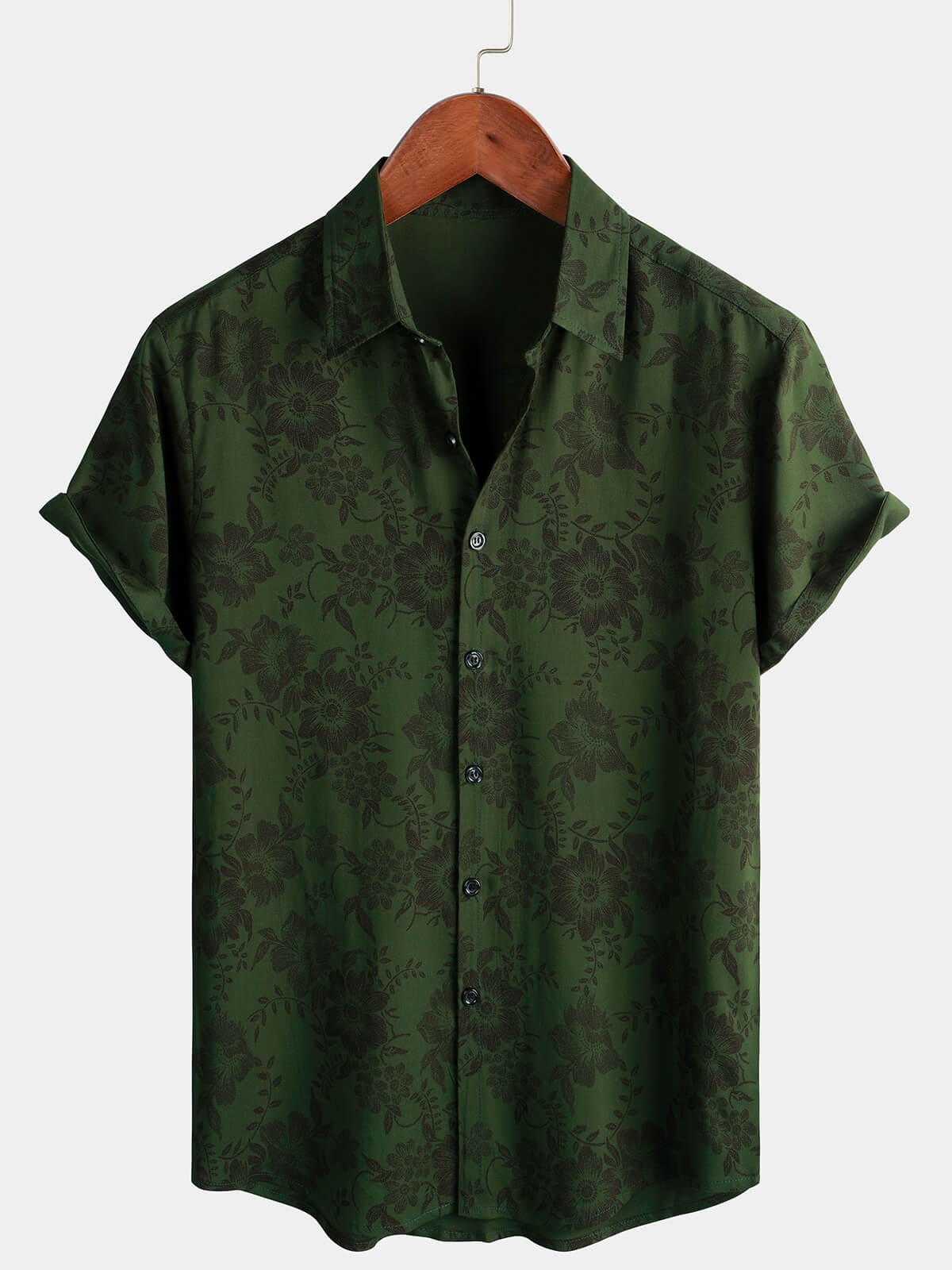 Men's Floral Dark Green Hawaiian Vintage Soft Rayon Beach Holiday Button Up Short Sleeve Shirt
