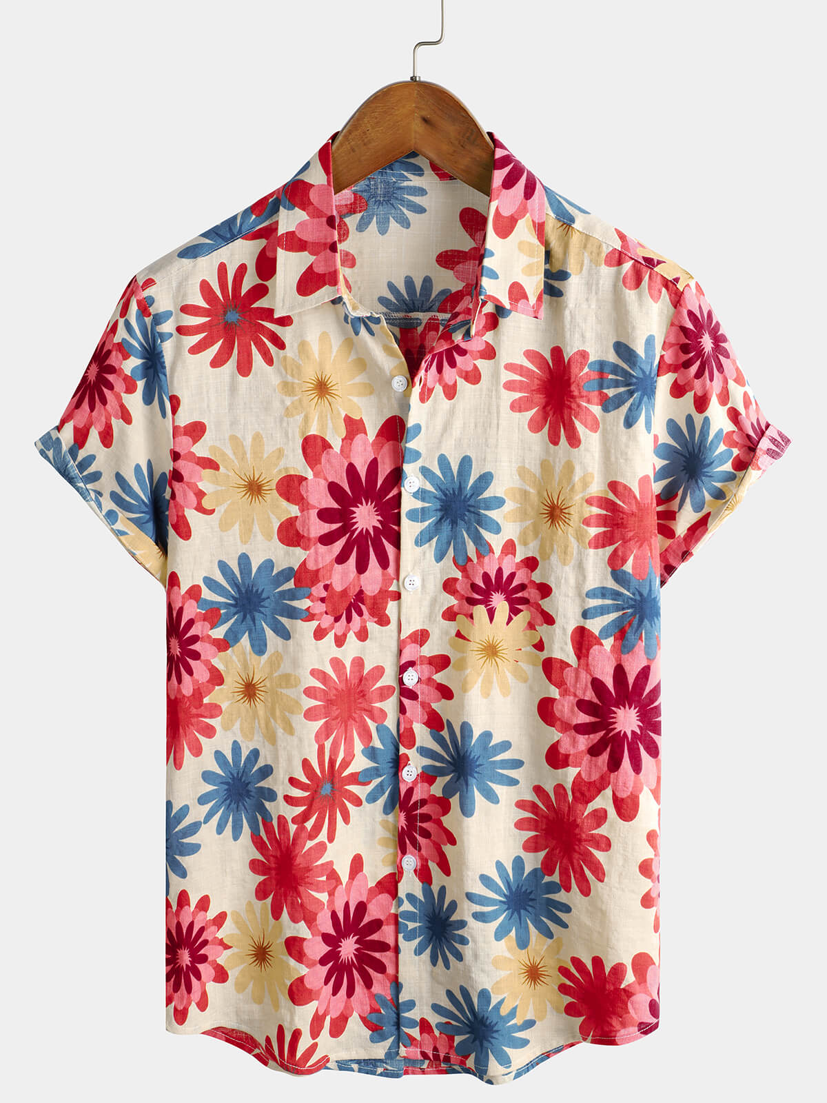 Men's Floral Cotton Daisy Flower Summer Beach Holiday Short Sleeve Hawaiian Button Up Shirt