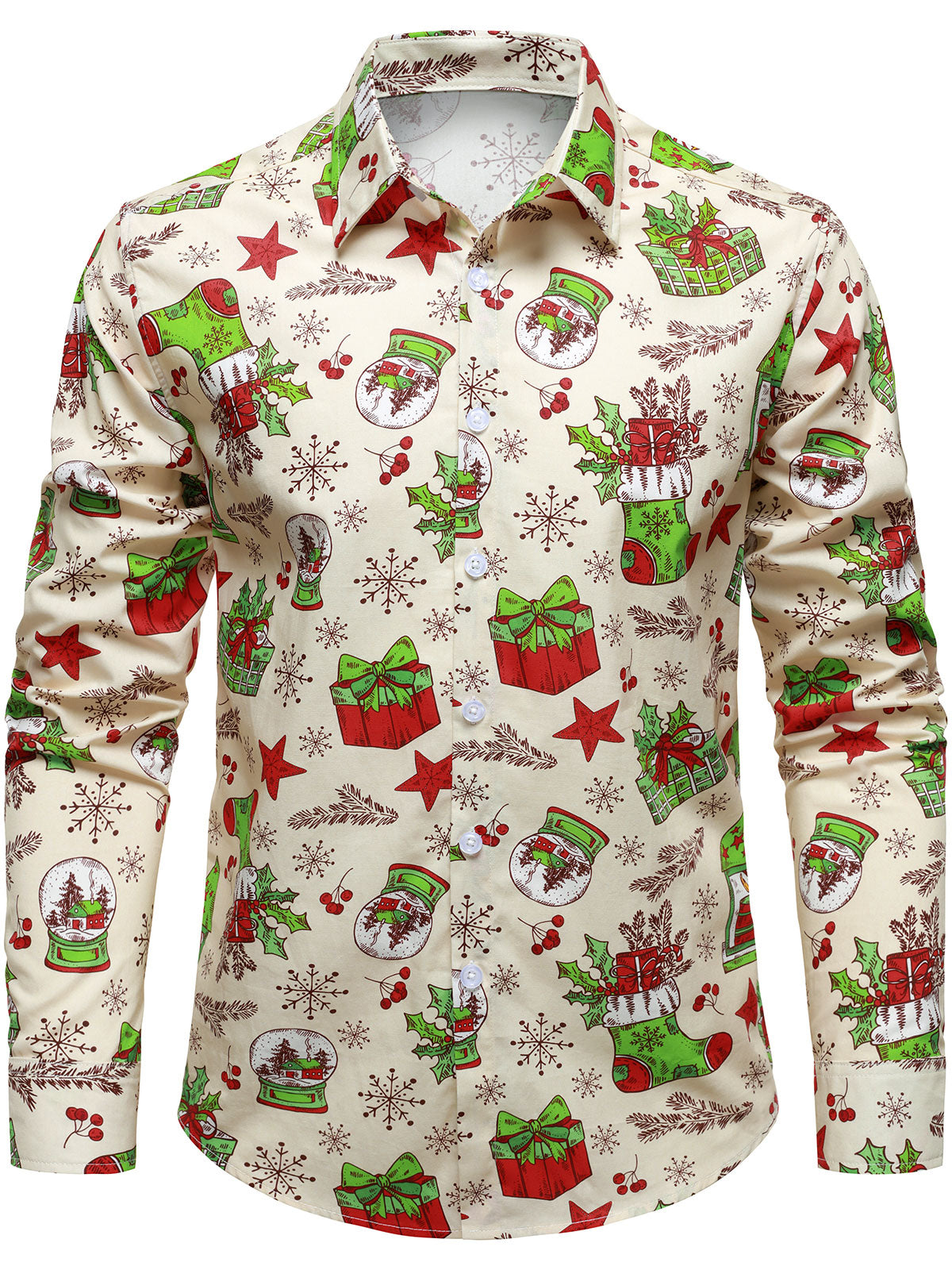 Men's Christmas Festive Gift Stocking Pattern Print Long Sleeve Button Down Shirt