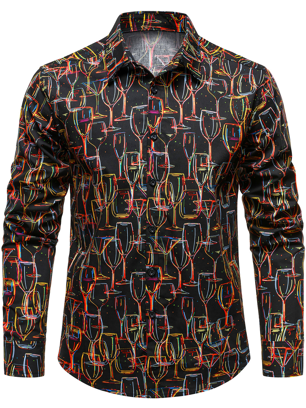 Men's Casual Holiday Wine Glass Print Button Up Long Sleeve Cotton Party Shirt