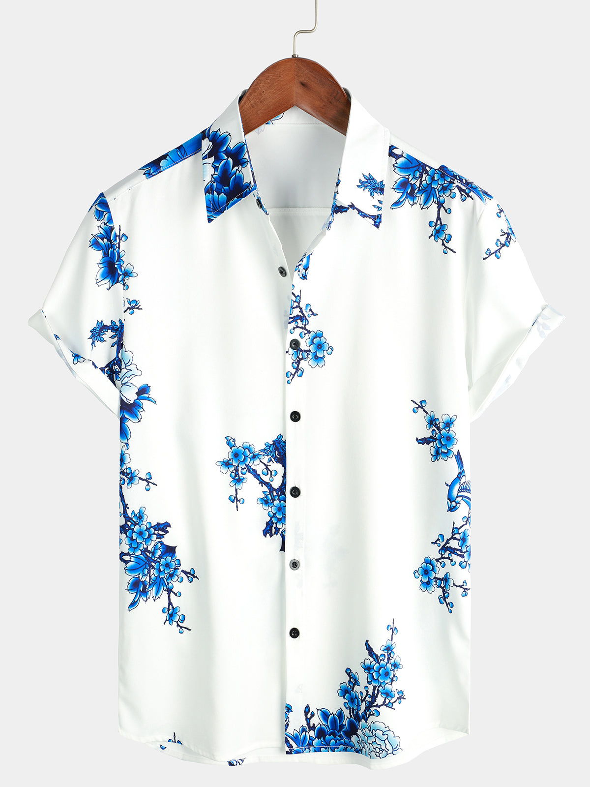 Men's Blue Floral Printed Button Up Casual Short Sleeve Shirt