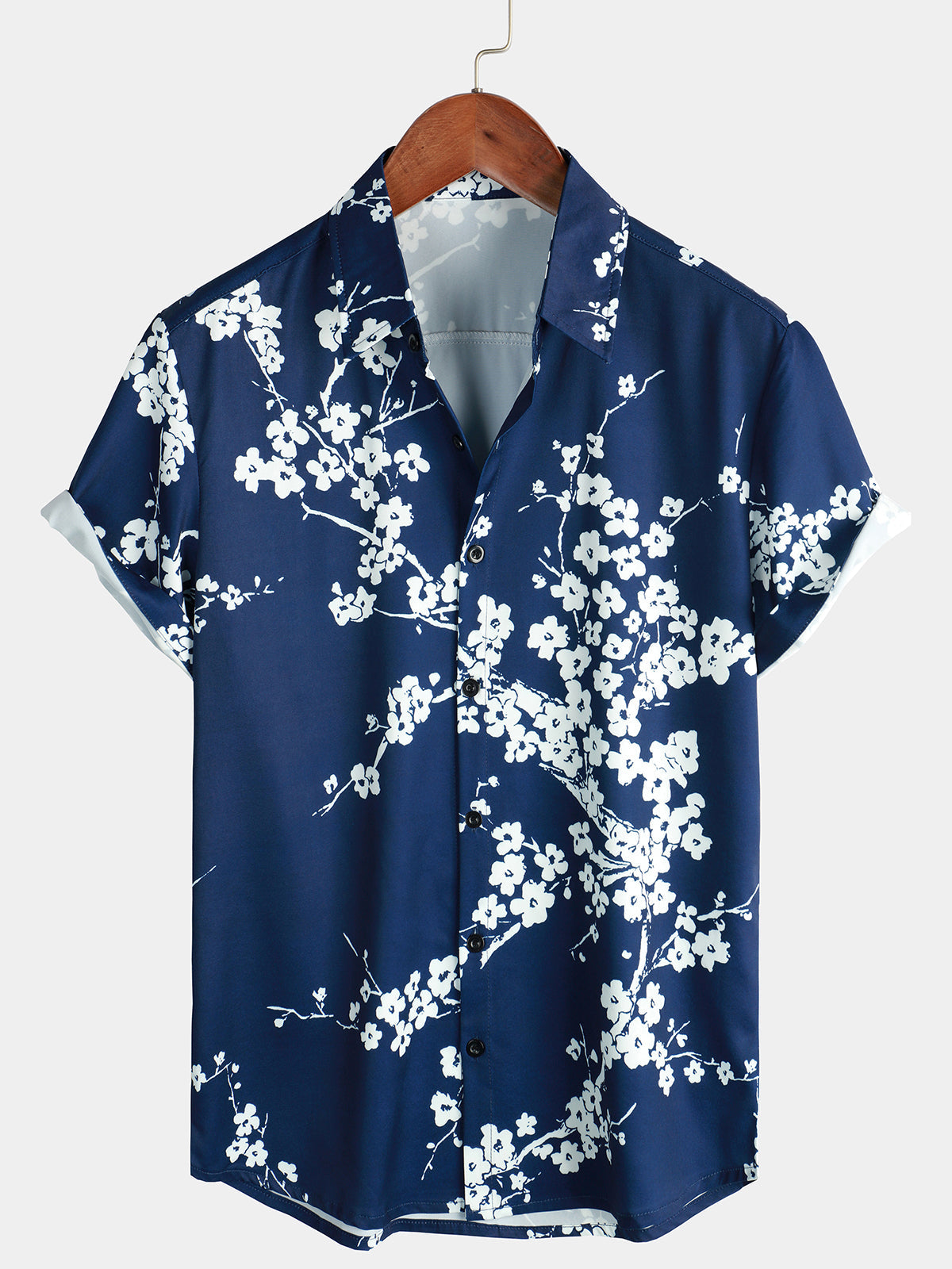 Men's Floral Print Vintage Navy Blue Short Sleeve Lapel Shirt
