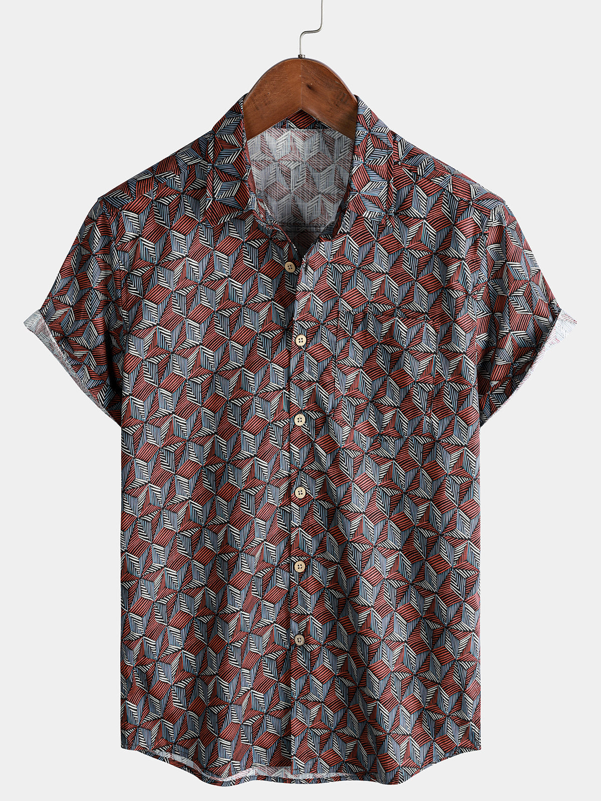Men’s Geometric Pattern Short Sleeve Button Up Breathable Cool Everyday Casual Shirt