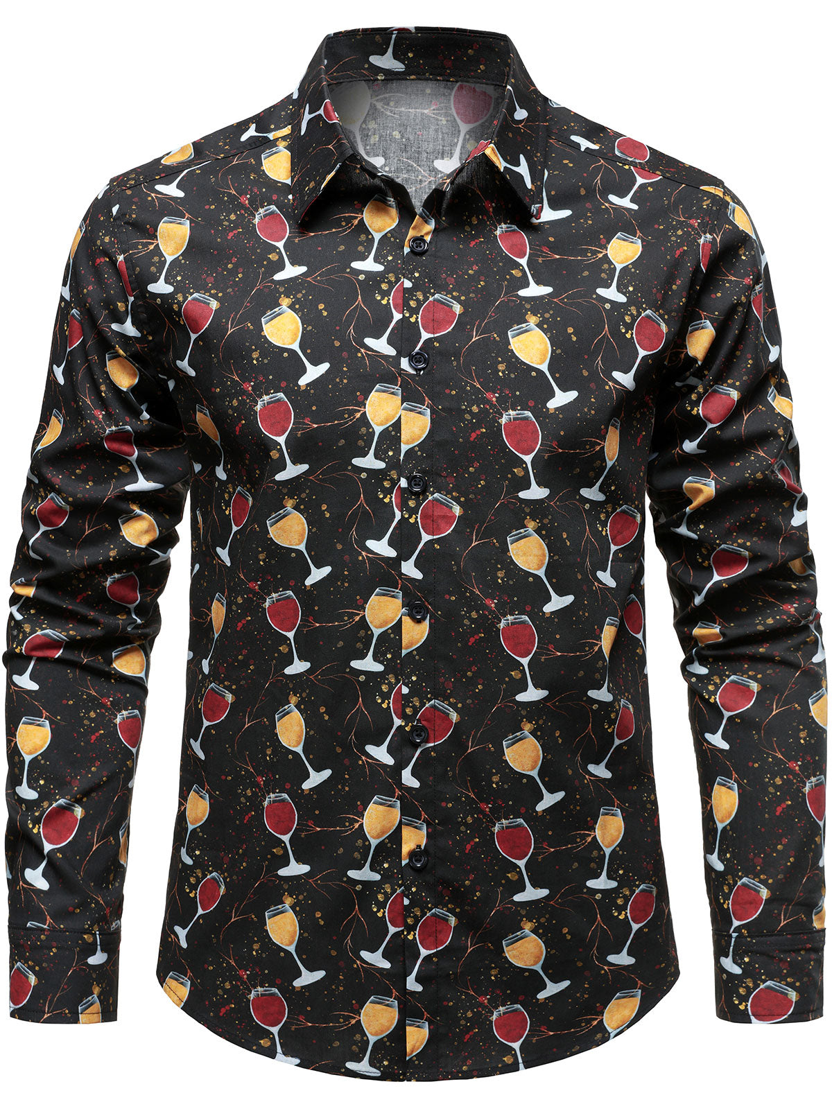Men's Casual Holiday Wine Glass Print Black Long Sleeve Cotton Party Shirt