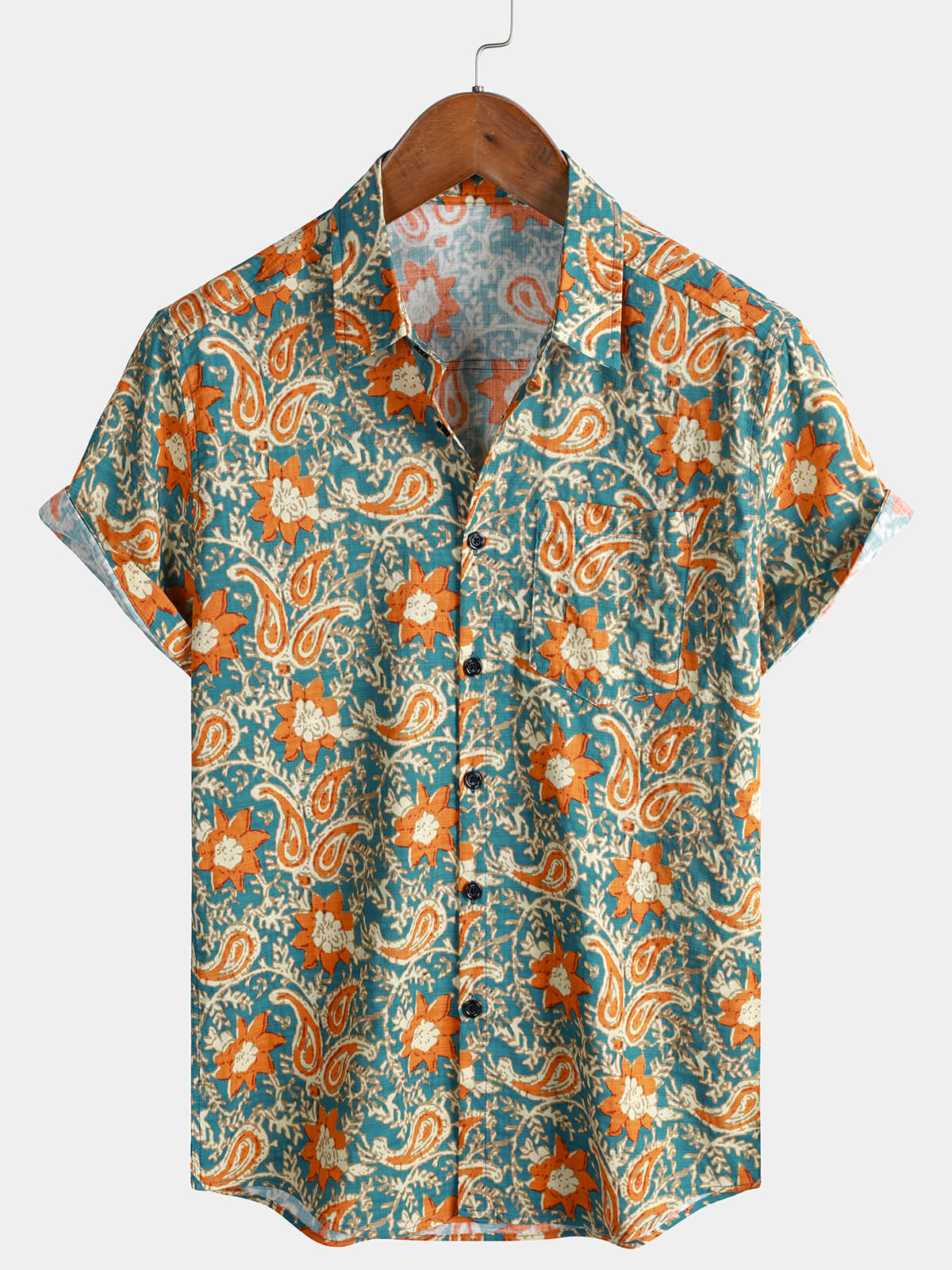 Men's Blue Paisley Floral Print Boho Casual Short Sleeve Shirt
