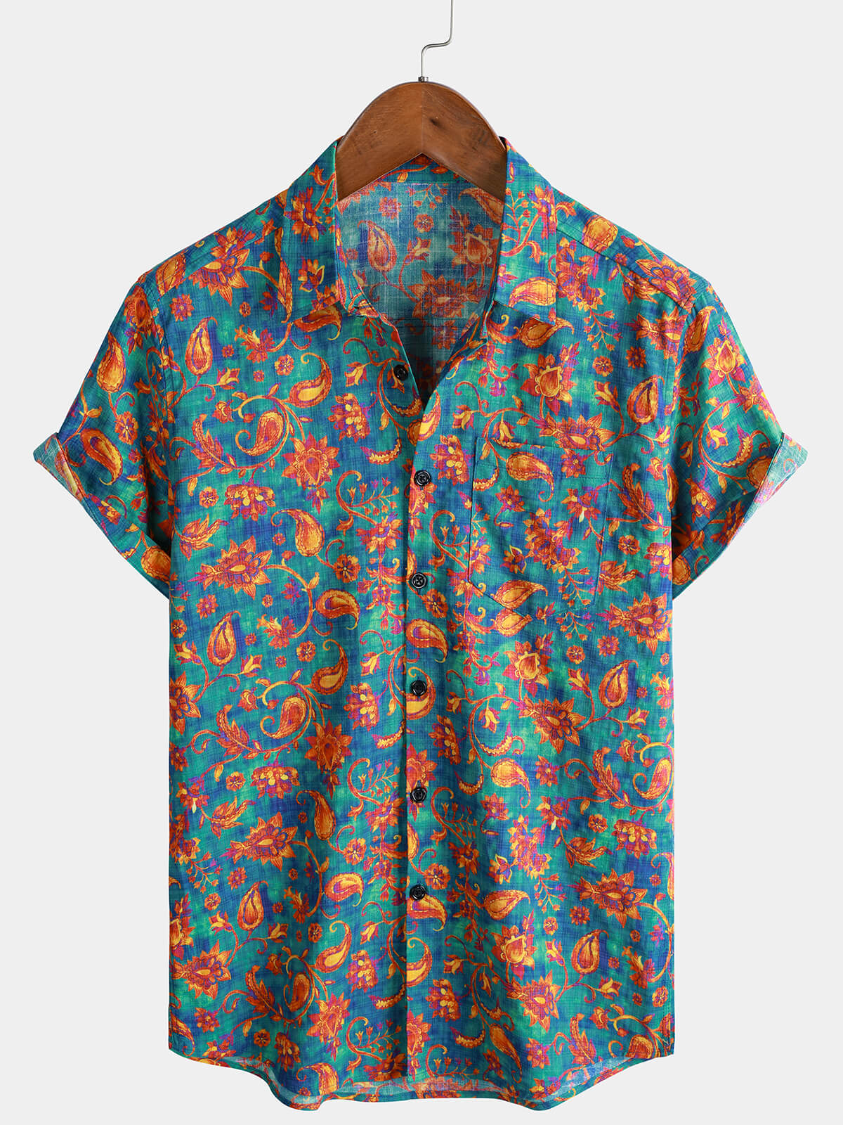 Men's Paisley Floral Print Bohemian Resort Short Sleeve Shirt