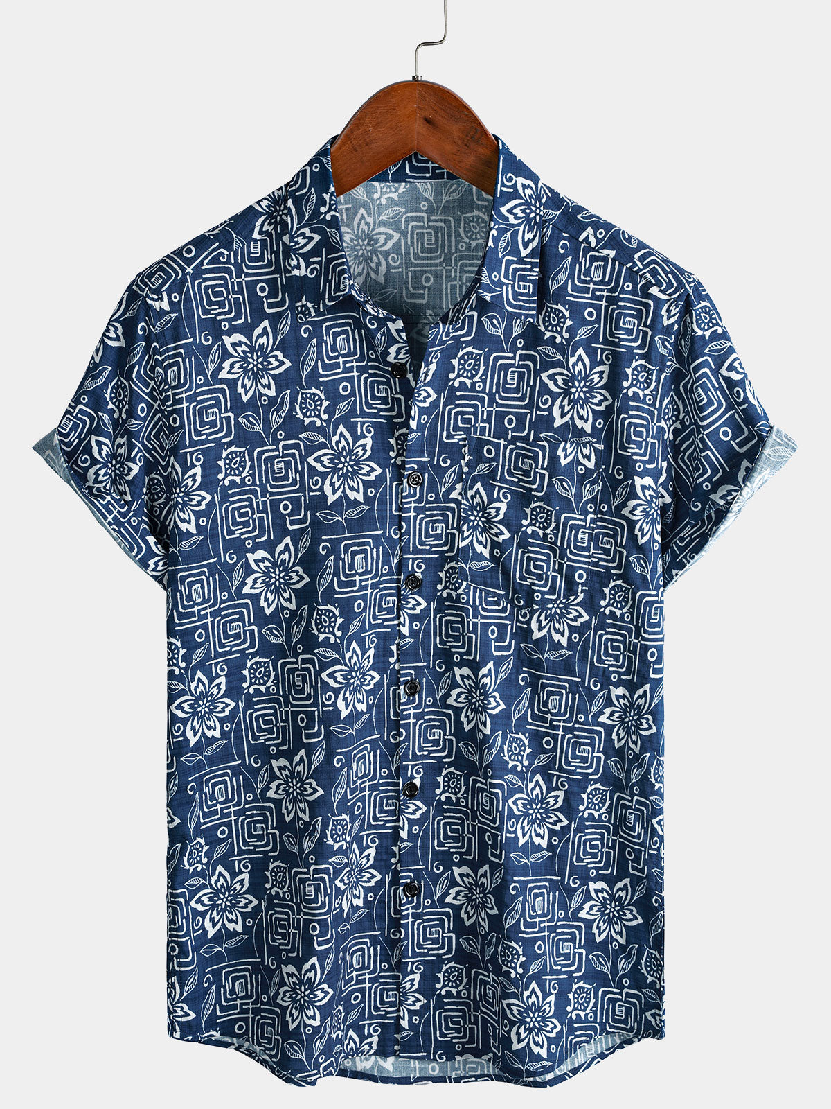 Men's Boho Casual Navy Blue Geometric Floral Print Short Sleeve Shirt