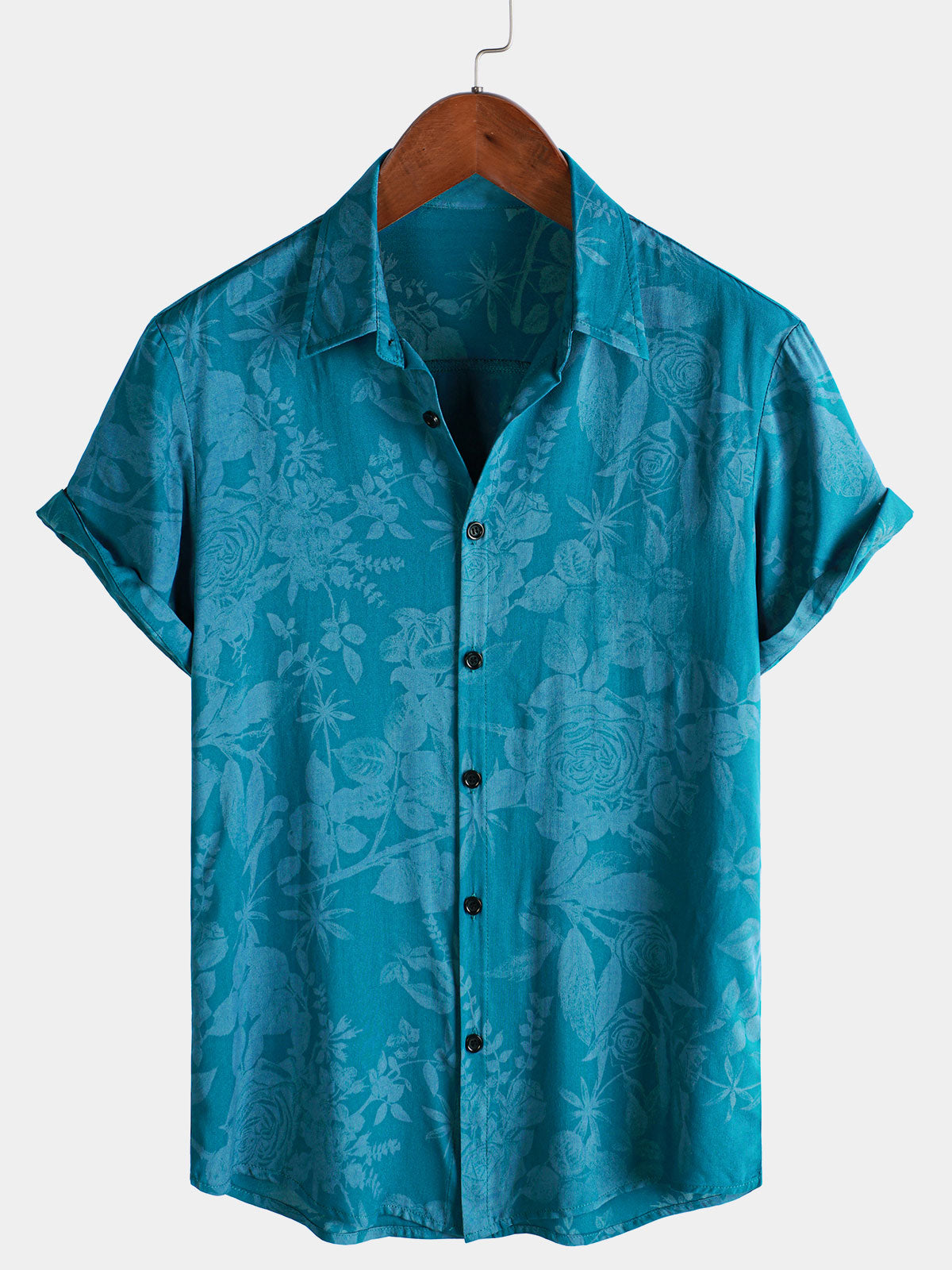 Men's Hawaiian Blue Floral Summer Beach Short Sleeve Shirt