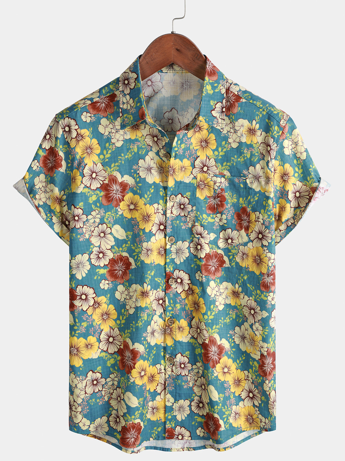 Men’s Summer Beach Vintage Light Blue Blossom Cotton Casual Breathable Short Sleeve Shirt