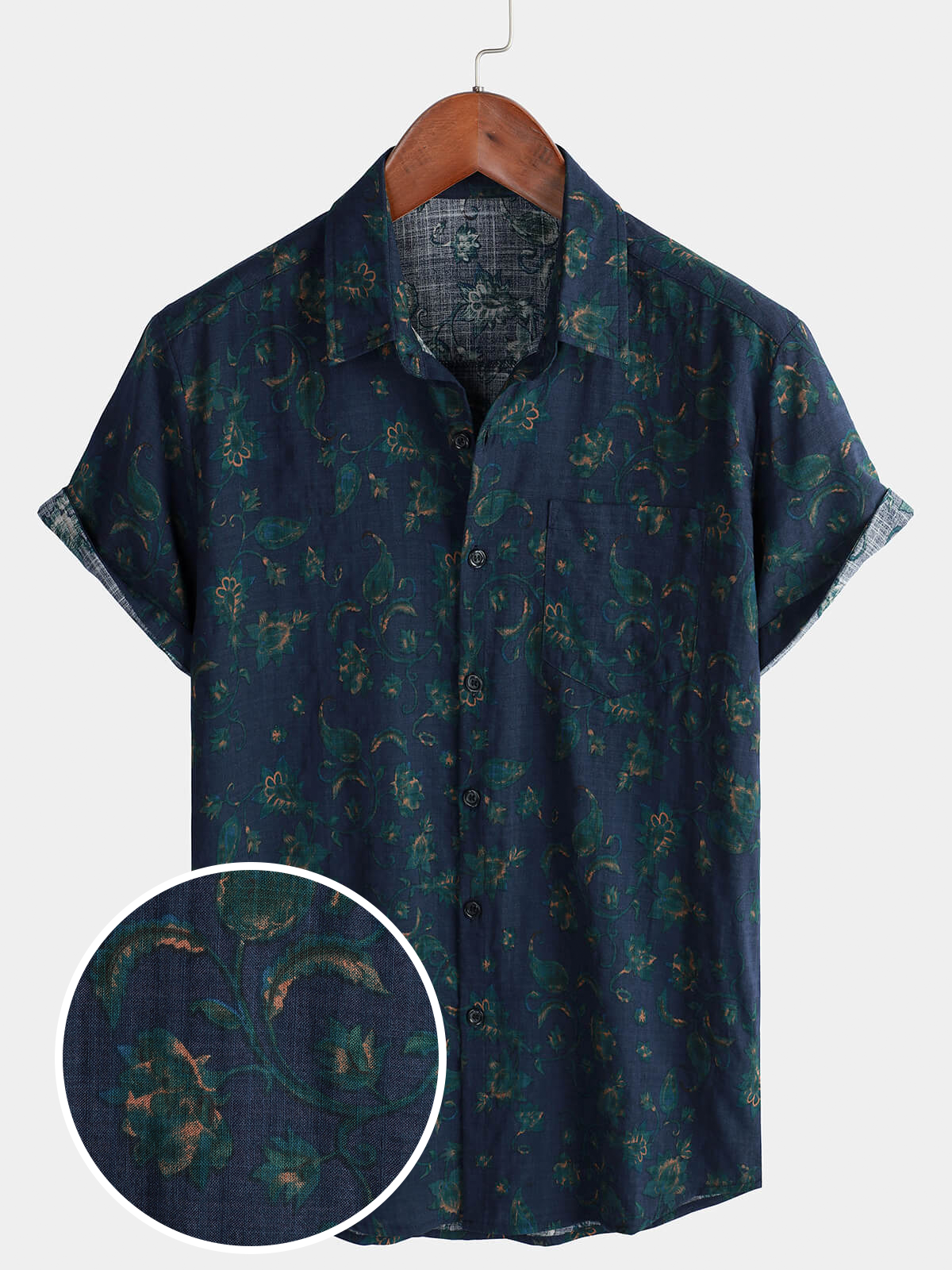 Men's Blue Floral Holiday Casual Pocket Short Sleeve Button Up Shirt