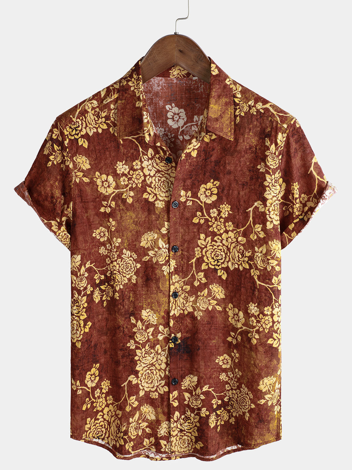 Men's Retro Floral Print Holiday Short Sleeve Shirt