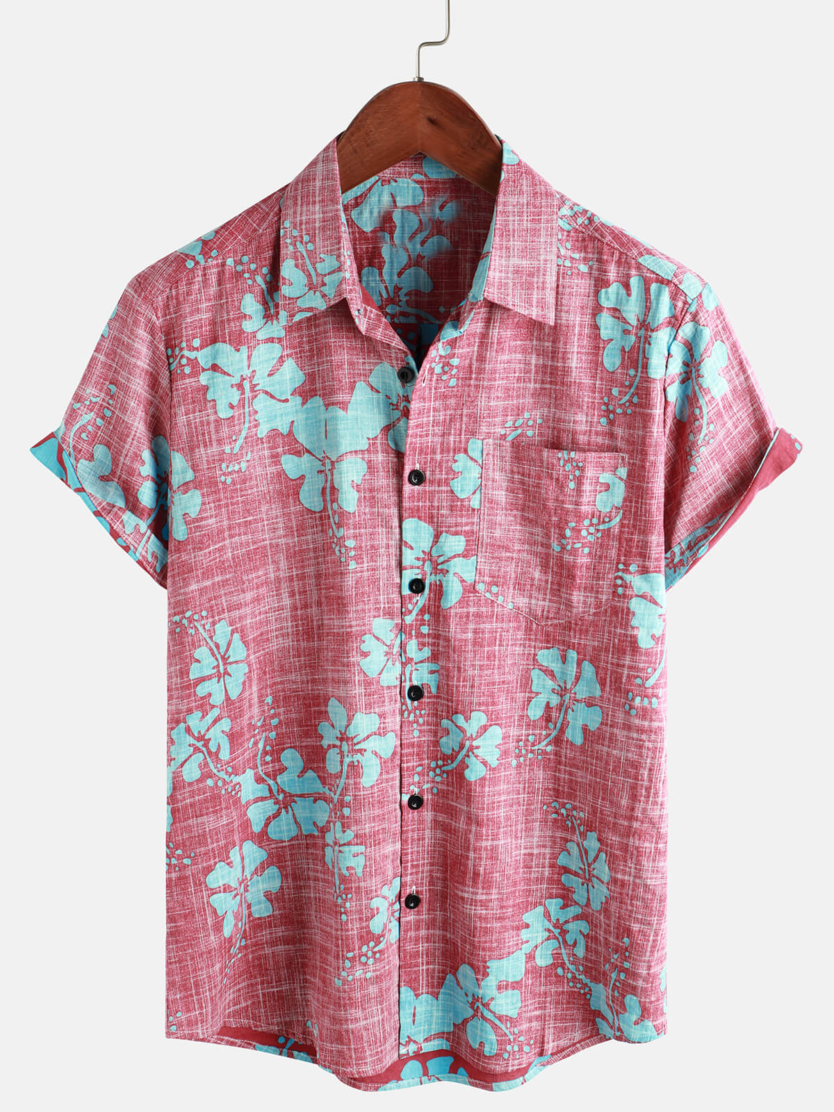 Men's Red Floral Vintage Short Sleeve Button Up Beach Tropical Hawaiian Shirt