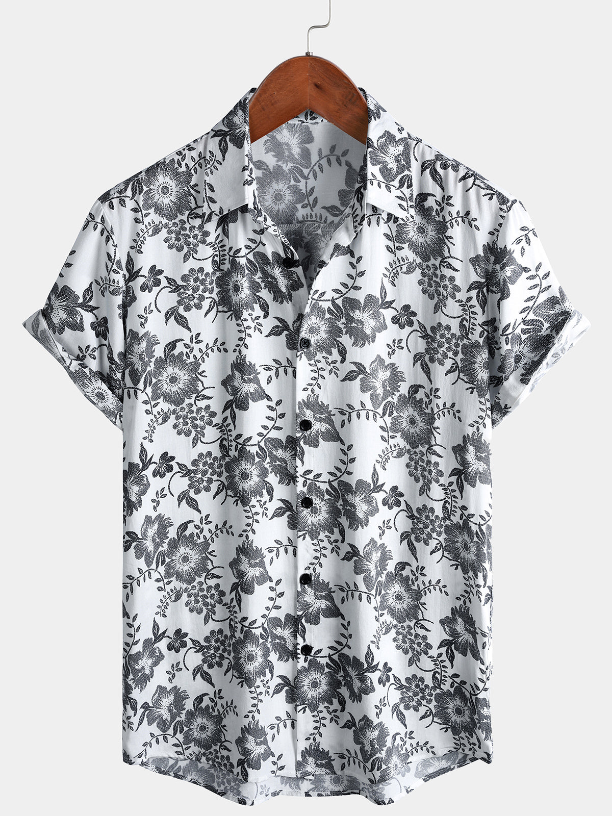Men's Vintage Black and White Floral Vine Print Resort Shirt