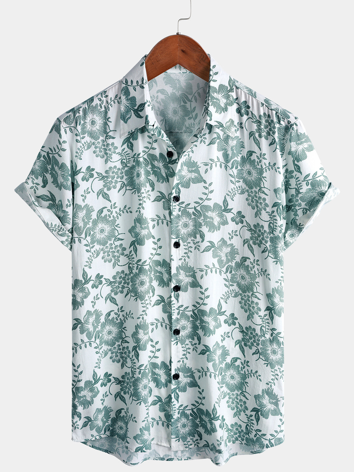 Men's Vintage Green Floral Print Breathable Button Up Shirt
